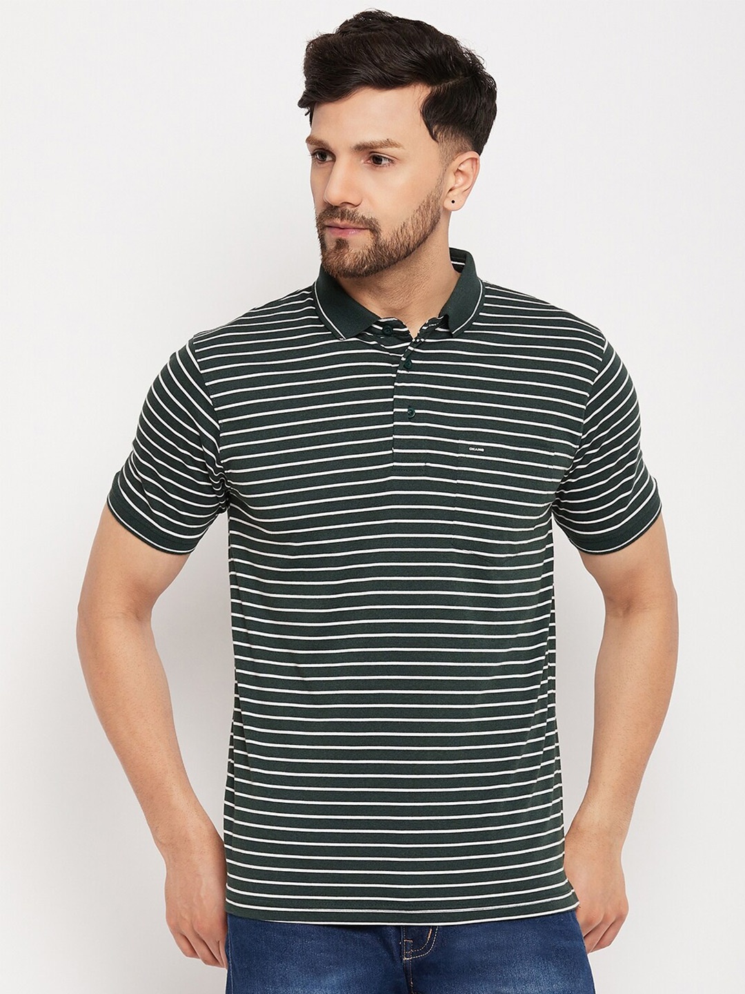 

Okane Striped Polo Collar Cotton T-shirt, Green