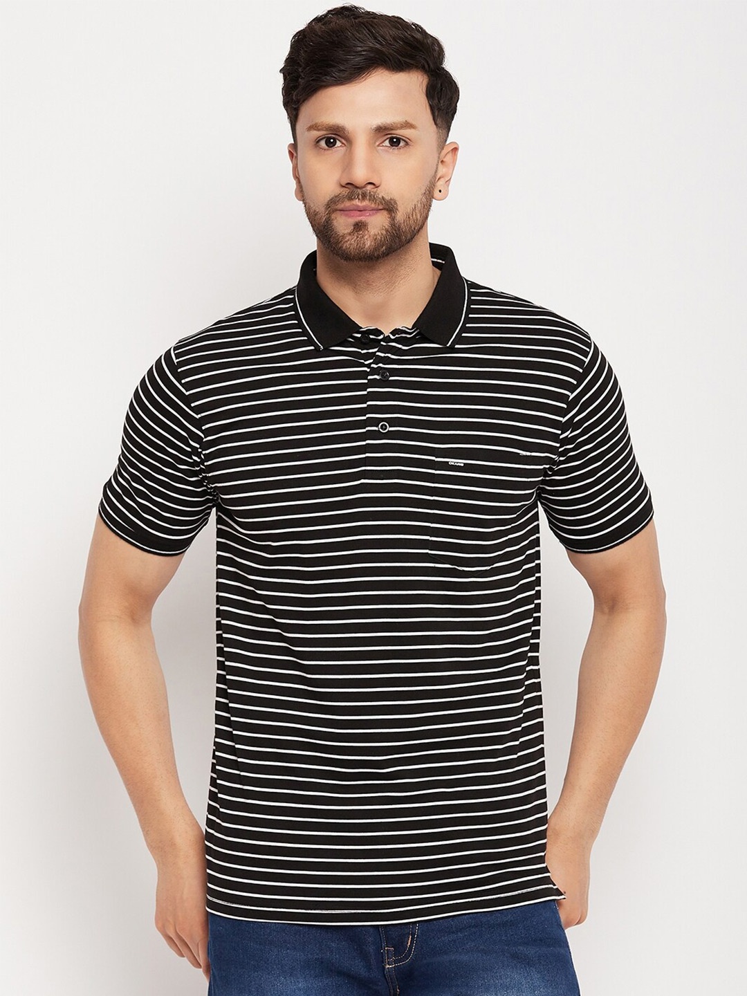 

Okane Striped Polo Collar Cotton T-shirt, Black