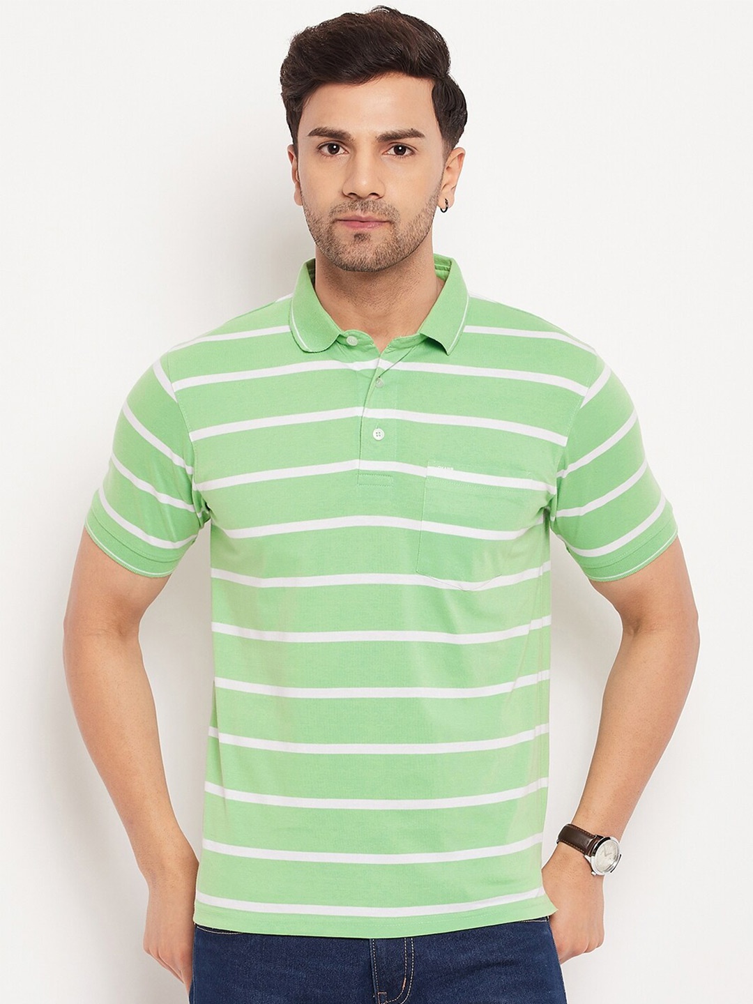 

Okane Striped Polo Collar Cotton T-shirt, Green