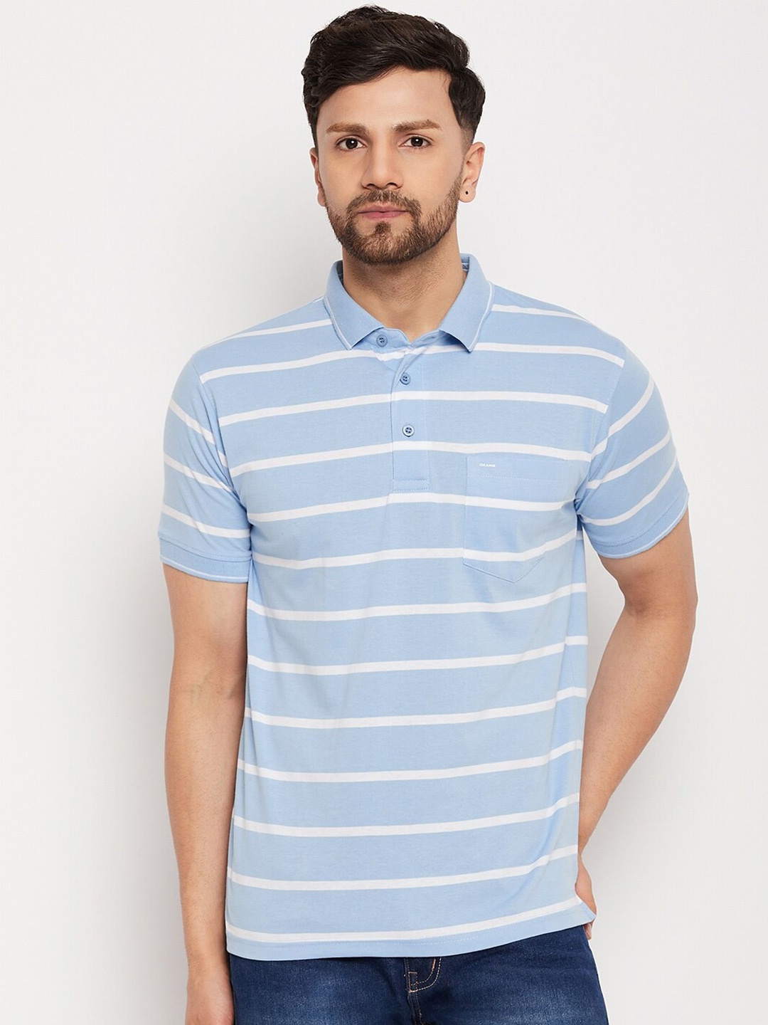 

Okane Striped Polo Collar Cotton T-shirt, Blue