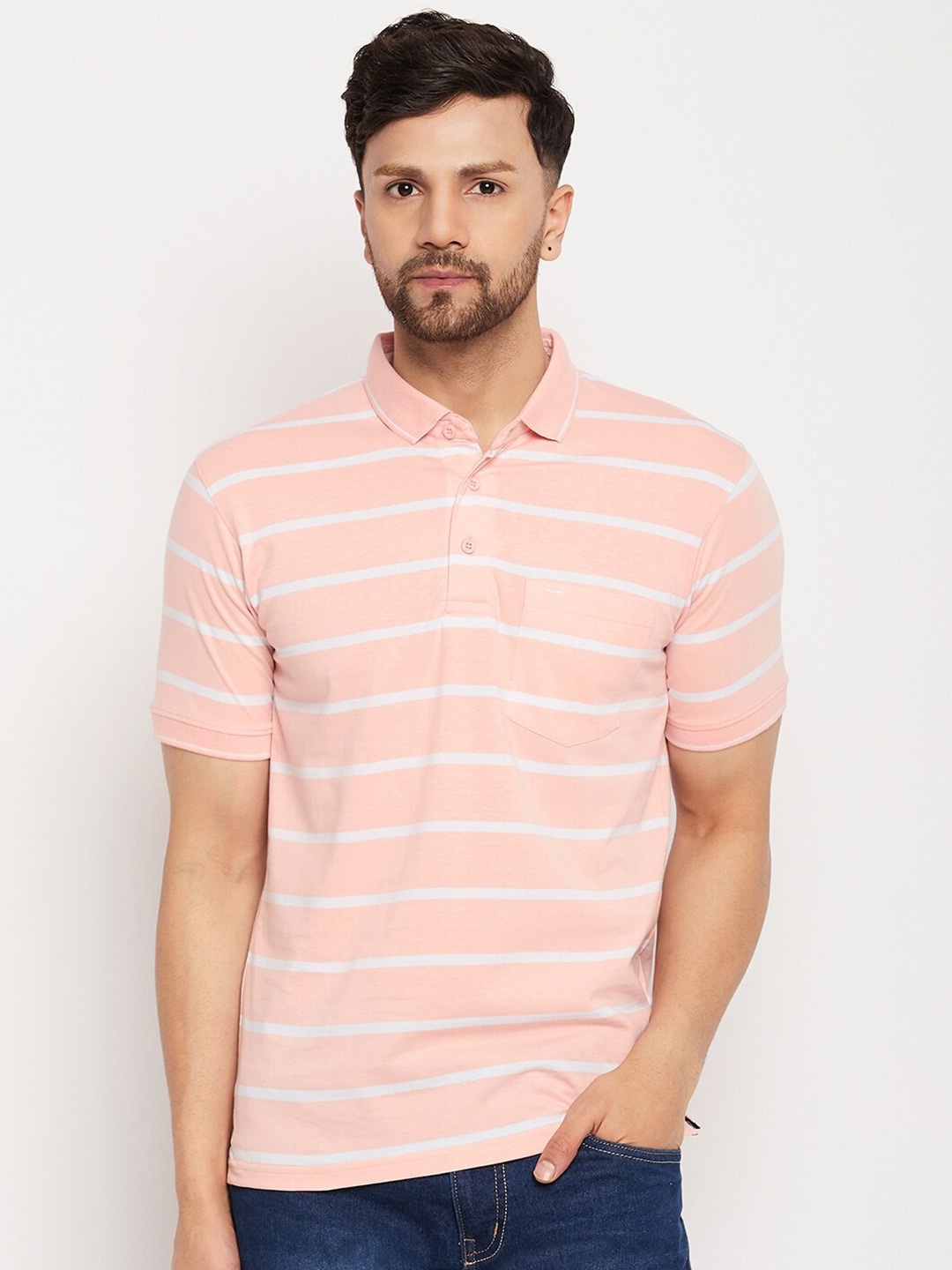 

Okane Striped Polo Collar Cotton T-shirt, Pink