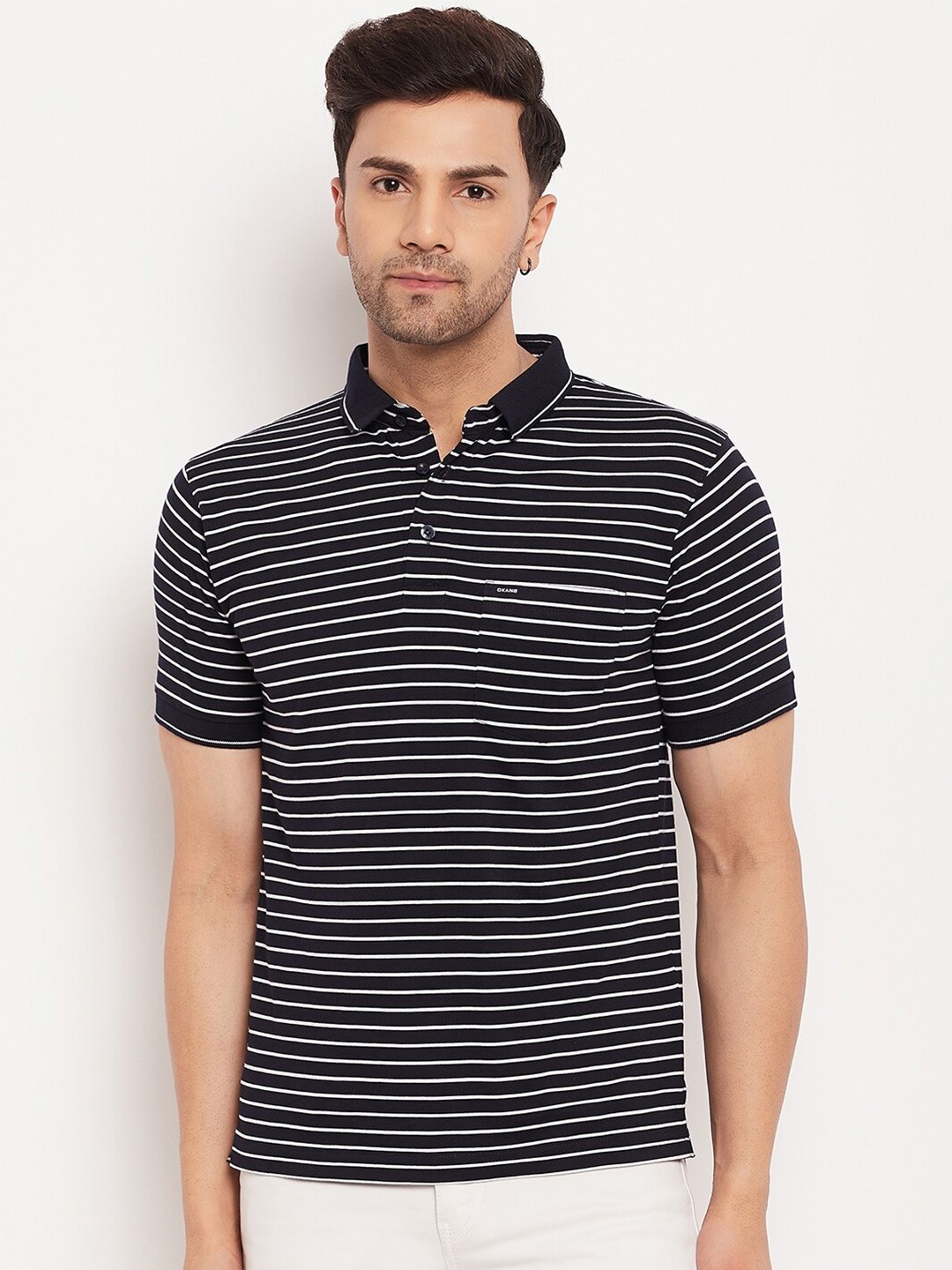 

Okane Striped Polo Collar Cotton T-shirt, Navy blue