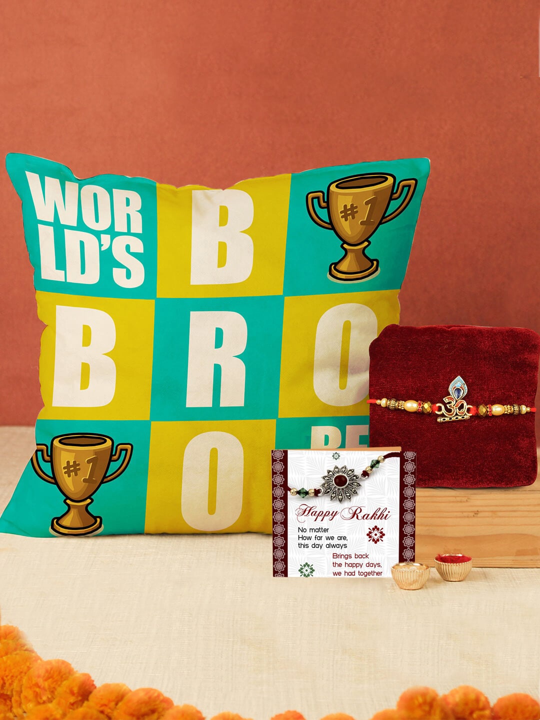 

TIED RIBBONS Unisex Rakhi With Cushion Greeting Card Roli & Chawal Gift Set, Red