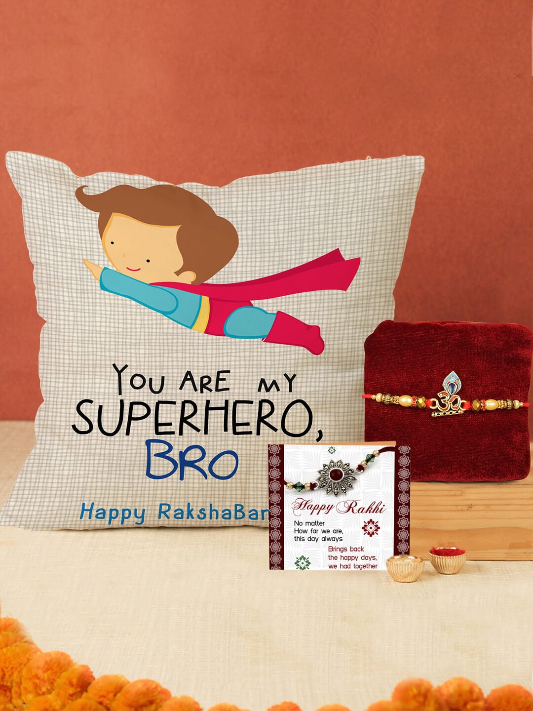 

TIED RIBBONS Om Rakhi With Cushion Card Roli Chawal Gift Set, Gold