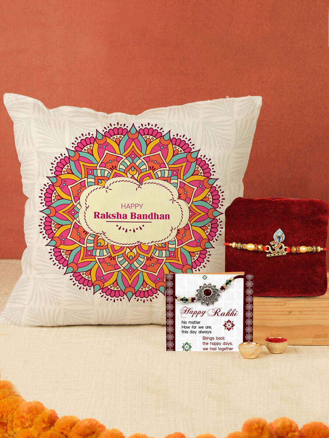 

TIED RIBBONS Unisex Om Beaded Rakhi With Cushion - Greeting Card - Roli Chawal, Gold