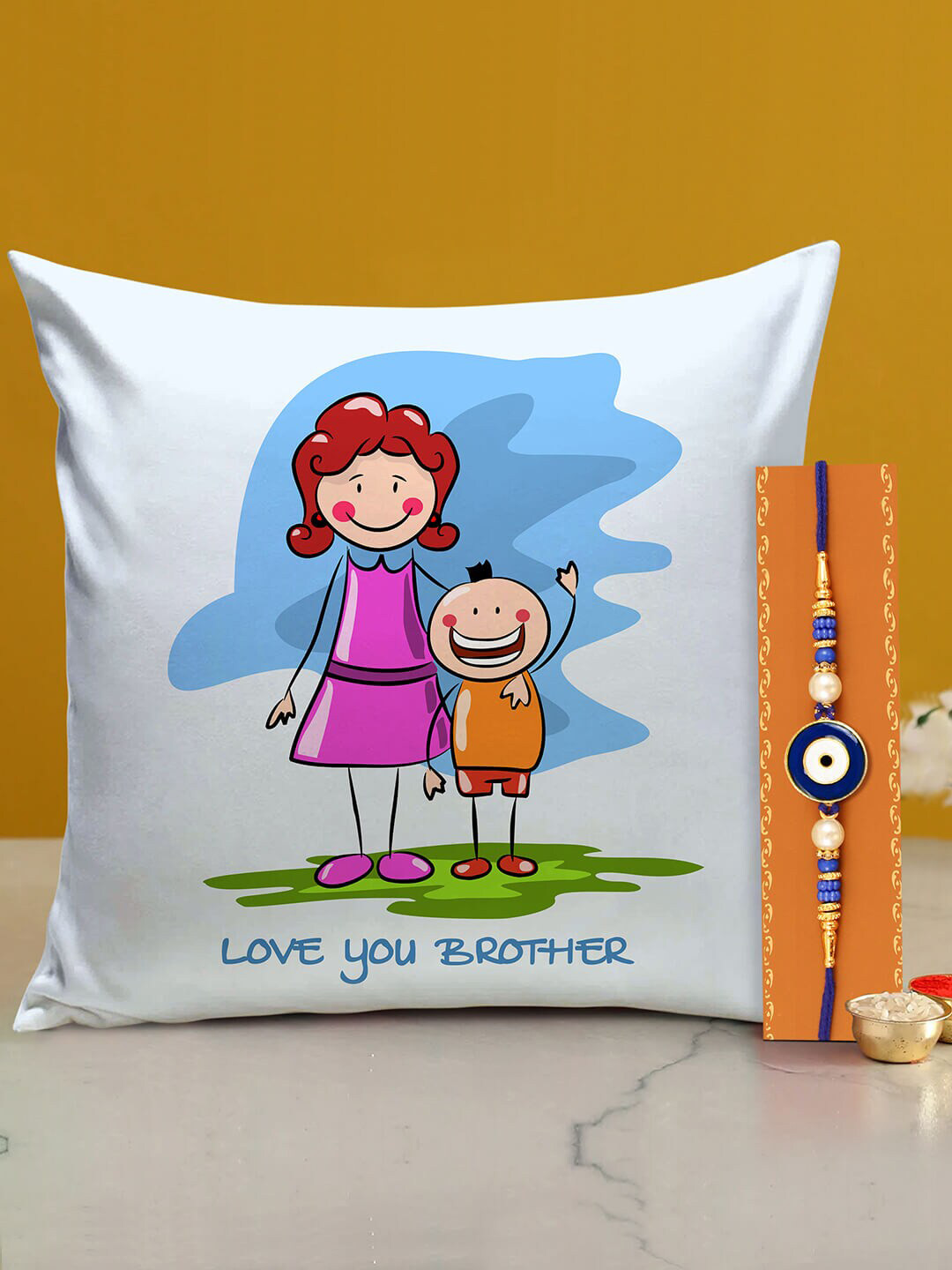 

TIED RIBBONS Unisex Men Evil Eye Charm Beaded Rakhi -Cushion - Greeting Card - Roli Chawal, White