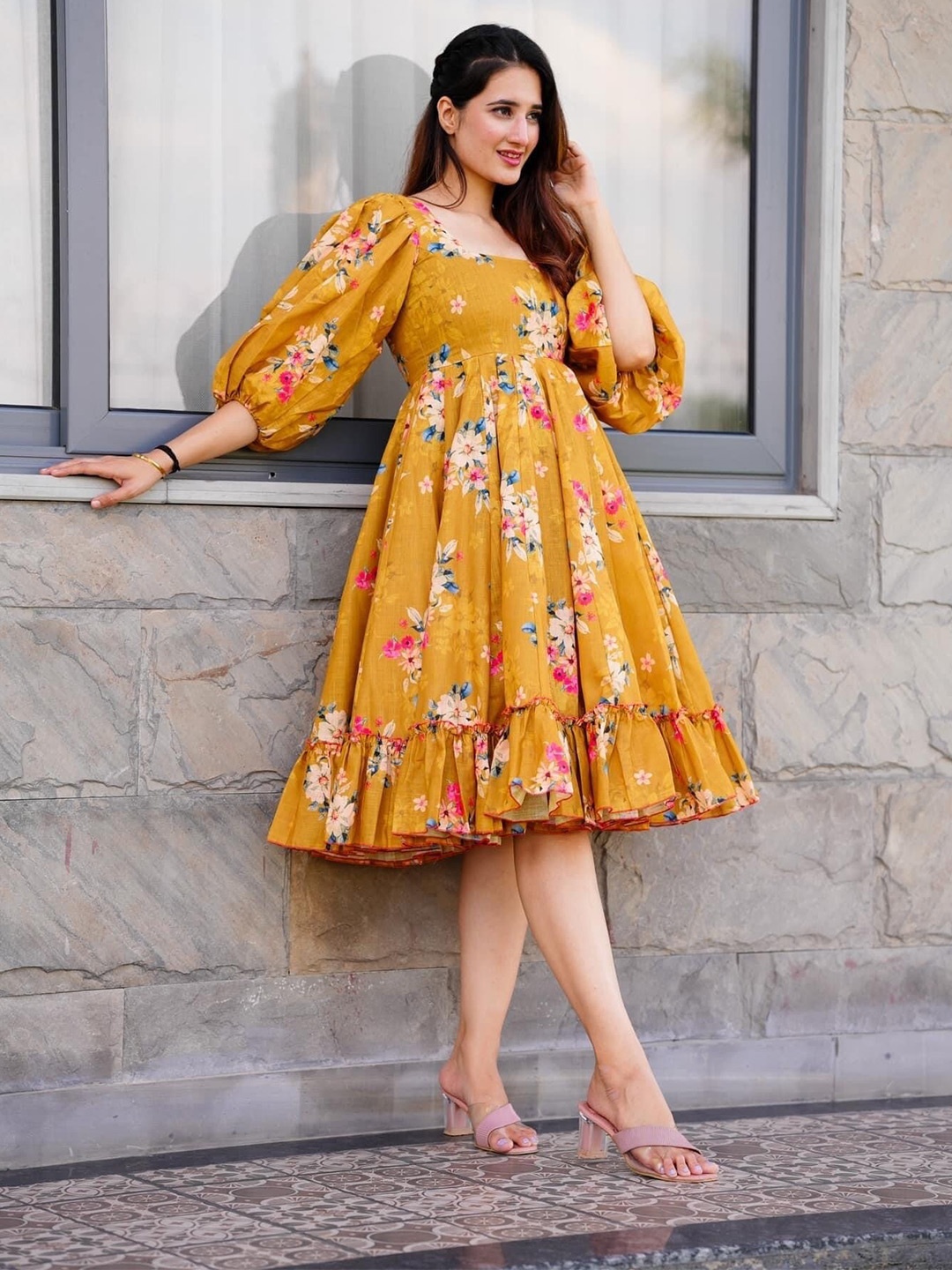 

VAANI CREATION Floral Printed Puff Sleeves Gathered Fit & Flare Dress, Mustard