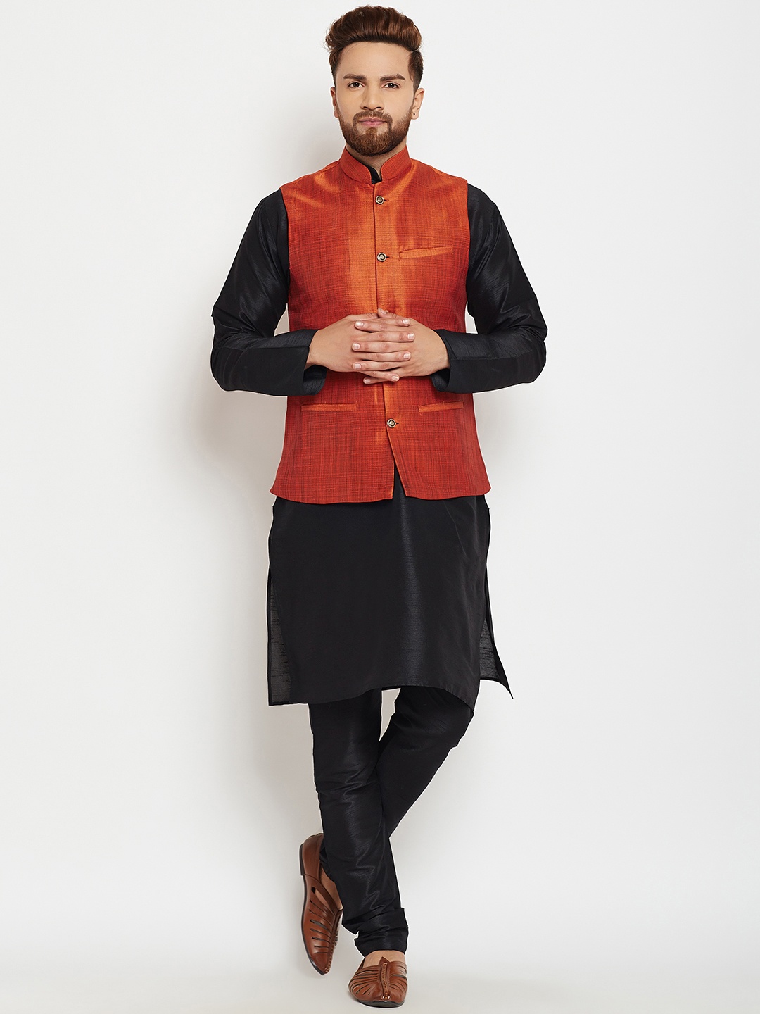 

SOJANYA Men Black & Orange Self Design Kurta with Pyjamas & Nehru Jacket
