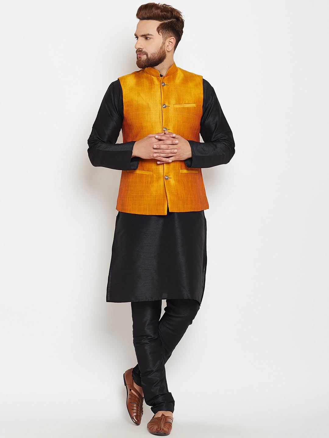 

SOJANYA Men Black & Mustard Self Design Kurta with Pyjamas and Nehru Jacket