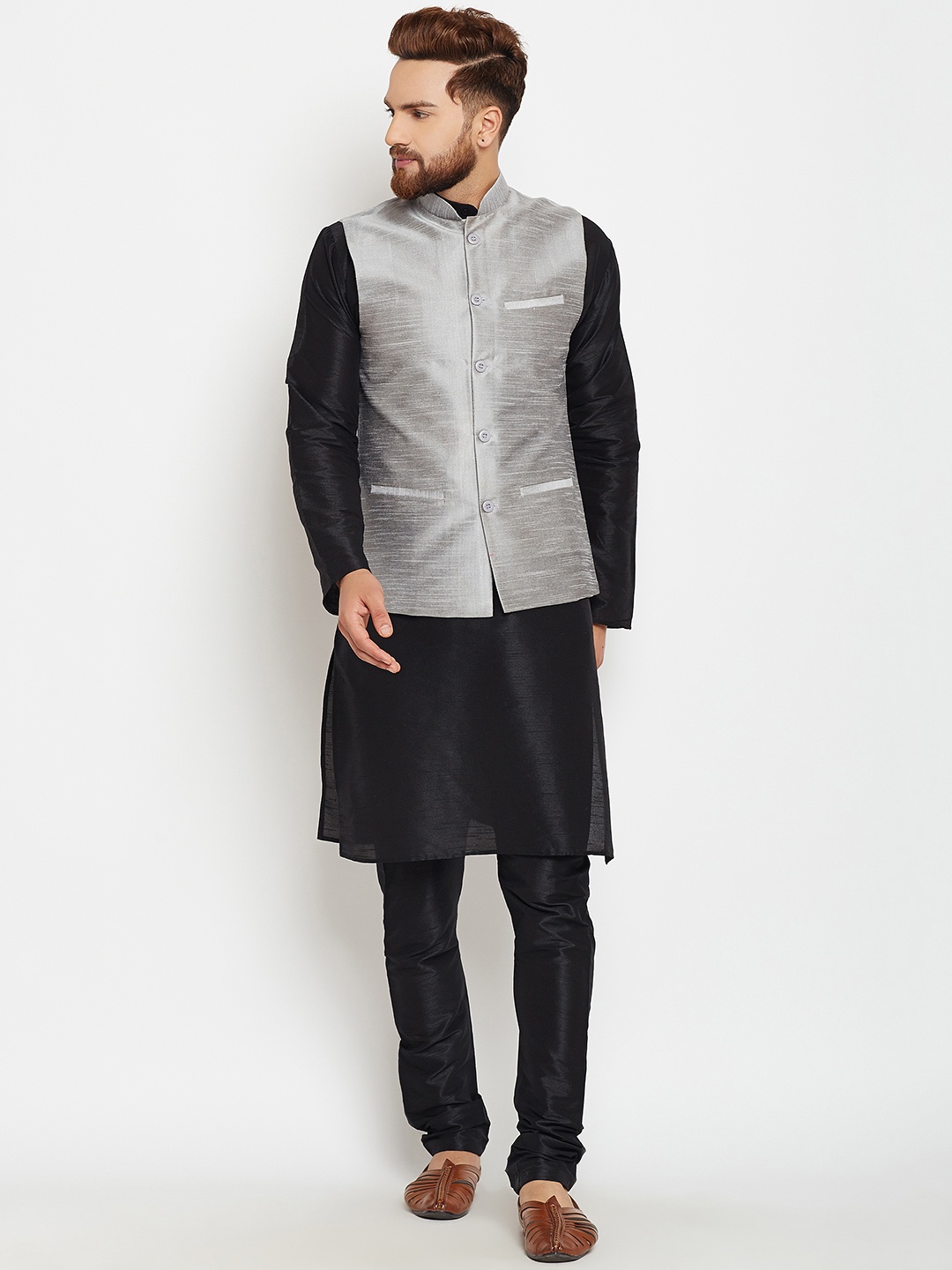 

SOJANYA Men Black & Grey Self Design Kurta with Pyjamas