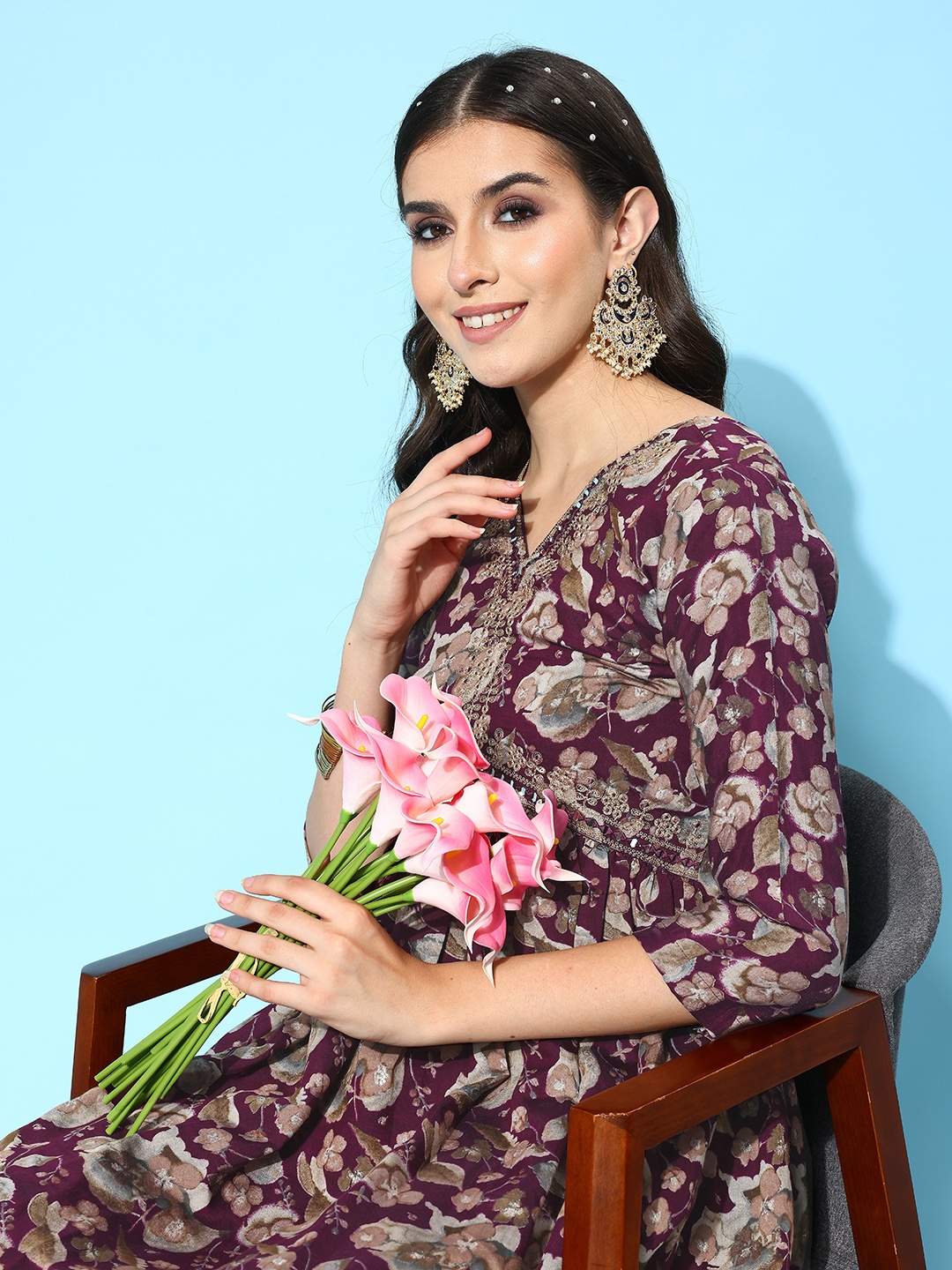 

Kvsfab Women Floral Printed Regular Mirror Work Kurta with Trousers, Purple
