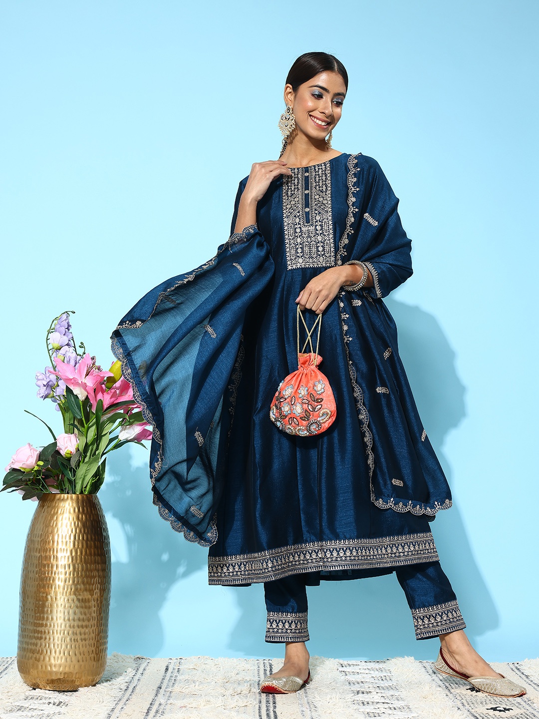 

Kvsfab Women Ethnic Motifs Yoke Design Pleated Sequinned Kurta with Trousers & Dupatta, Teal
