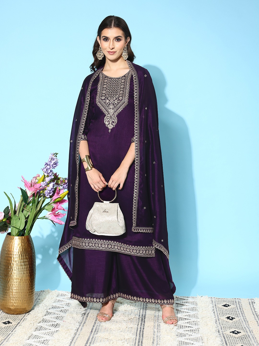 

Kvsfab Women Floral Yoke Design Regular Sequinned Kurta with Palazzos & Dupatta, Purple