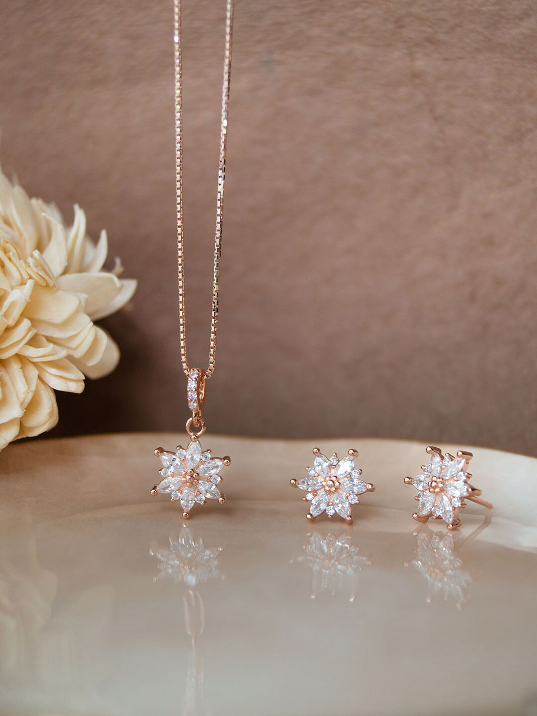 

MANNASH 18KT Rhodium-Plated CZ Studded Jewellery Set, Rose gold