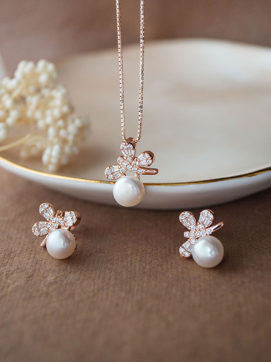 

MANNASH Sterling Silver 18KT Rose Gold-Plated CZ & Artificial Beaded Jewellery Set