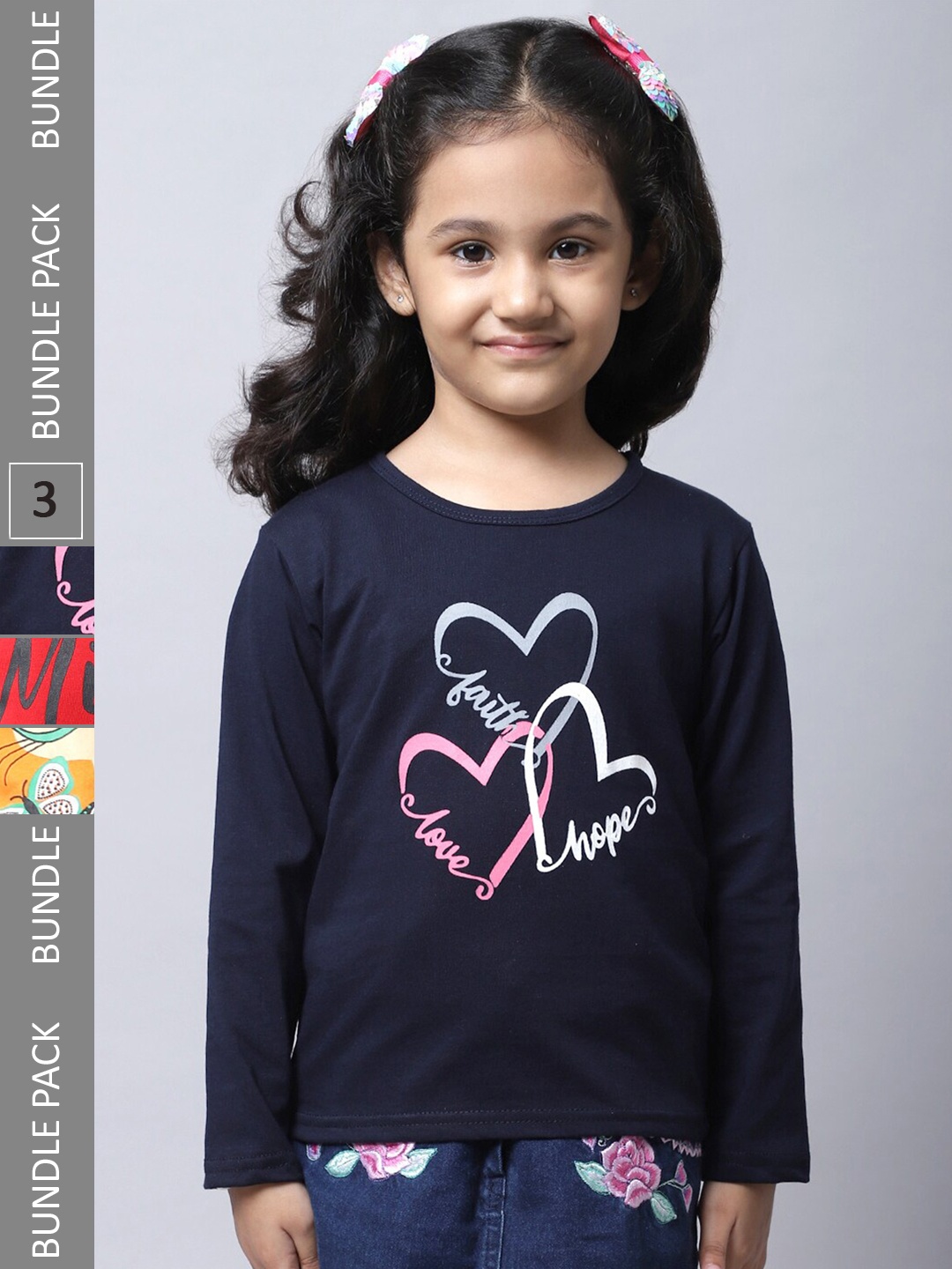 

BAESD Girls Pack Of 3 Printed Cotton T-shirts, Navy blue