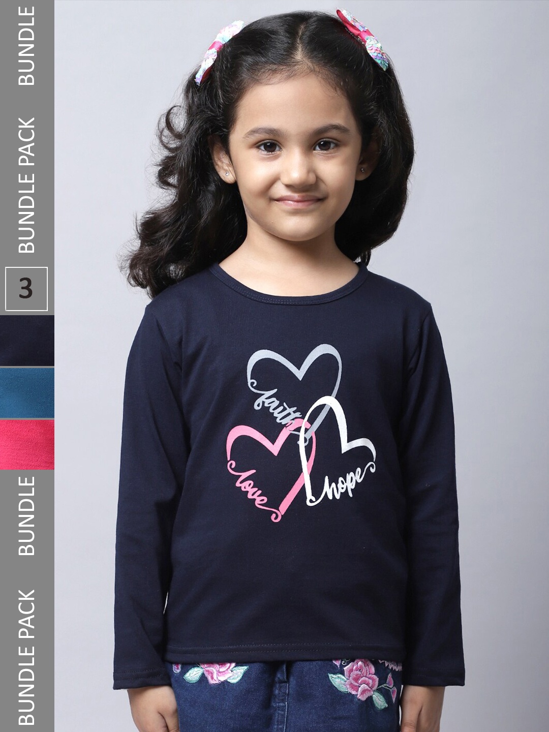 

BAESD Girls Pack Of 3 Graphic Printed Long Sleeve Pure Cotton T-shirt, Navy blue