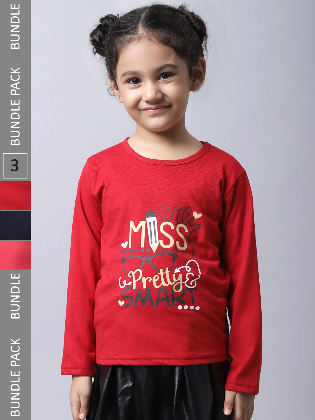 

BAESD Girls Pack Of 3 Graphic Printed Long Sleeve Pure Cotton T-shirt, Red