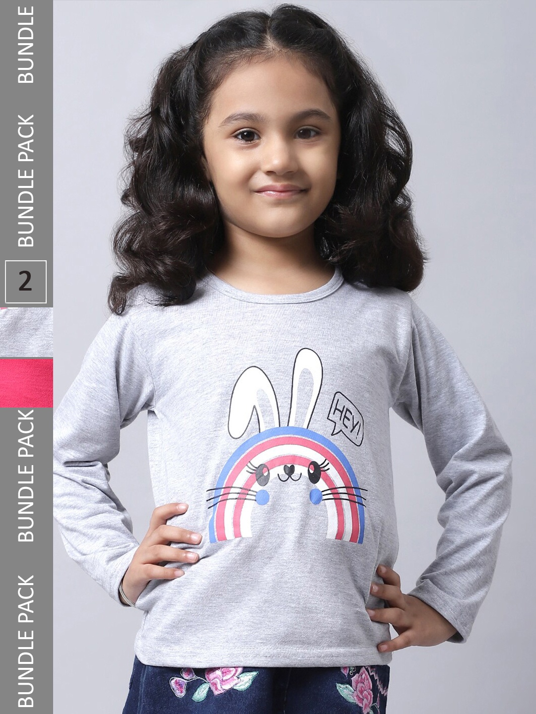 

BAESD Girls Pack Of 2 Graphic Printed Long Sleeves Cotton T-shirt, Grey