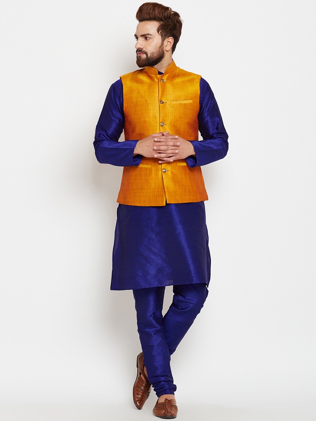 

SOJANYA Men Blue & Mustard Self-Design Kurta with Churidar and Nehru Jacket