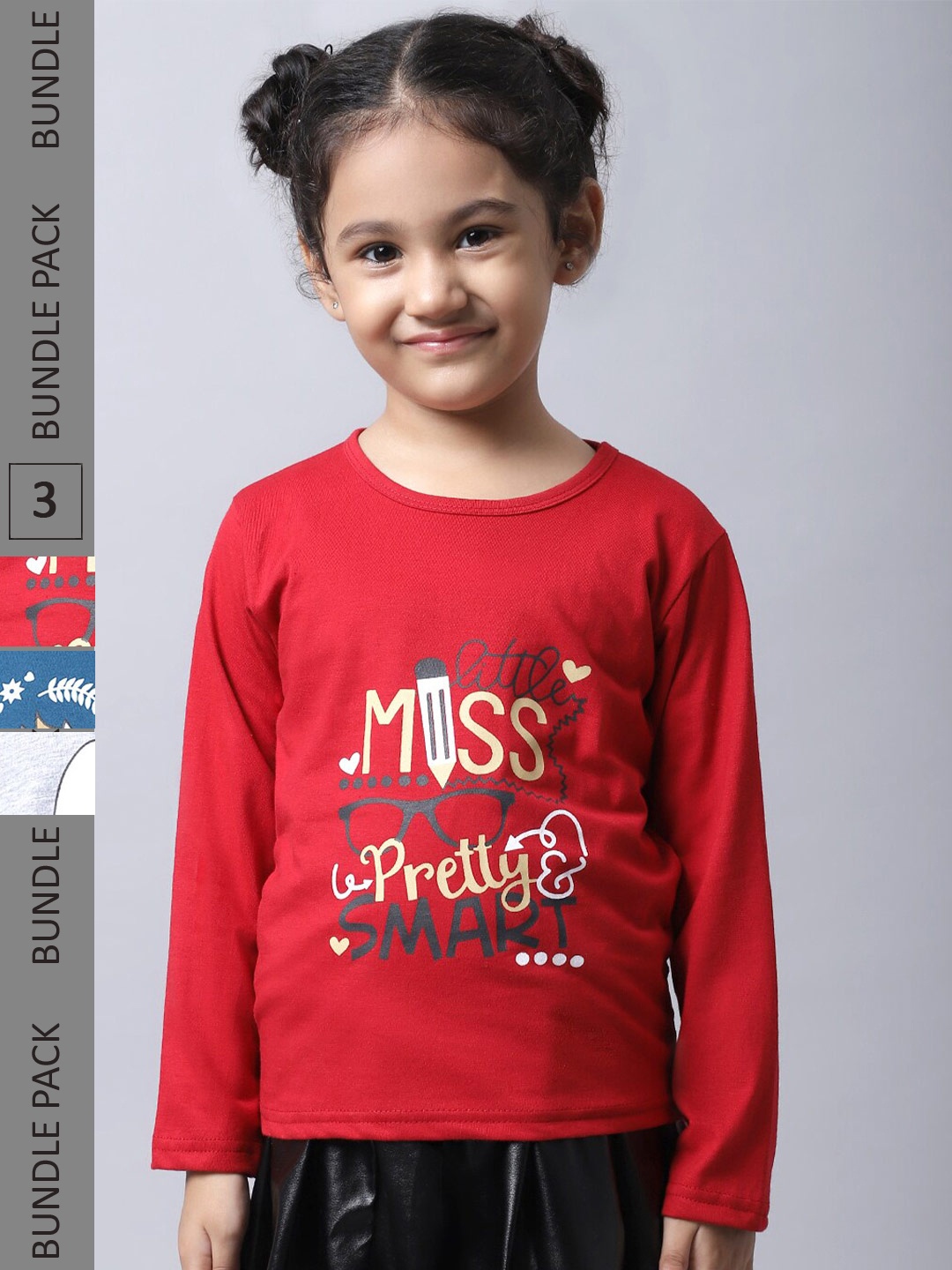 

BAESD Girls Pack Of 3 Typographic Printed Long Sleeves Cotton T-shirt, Red
