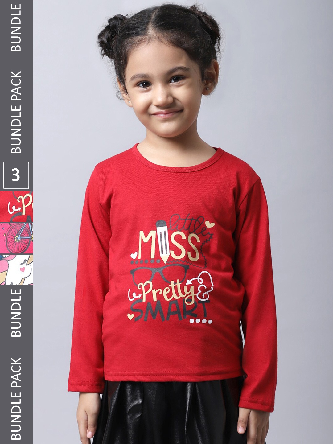 

BAESD Girls Pack Of 3 Printed Long Sleeve Pure Cotton Regular T-shirt, Red