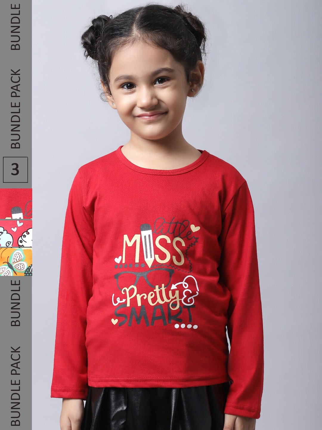 

BAESD Girls Pack Of 3 Graphic Printed Round Neck Cotton Regular T-shirt, Red