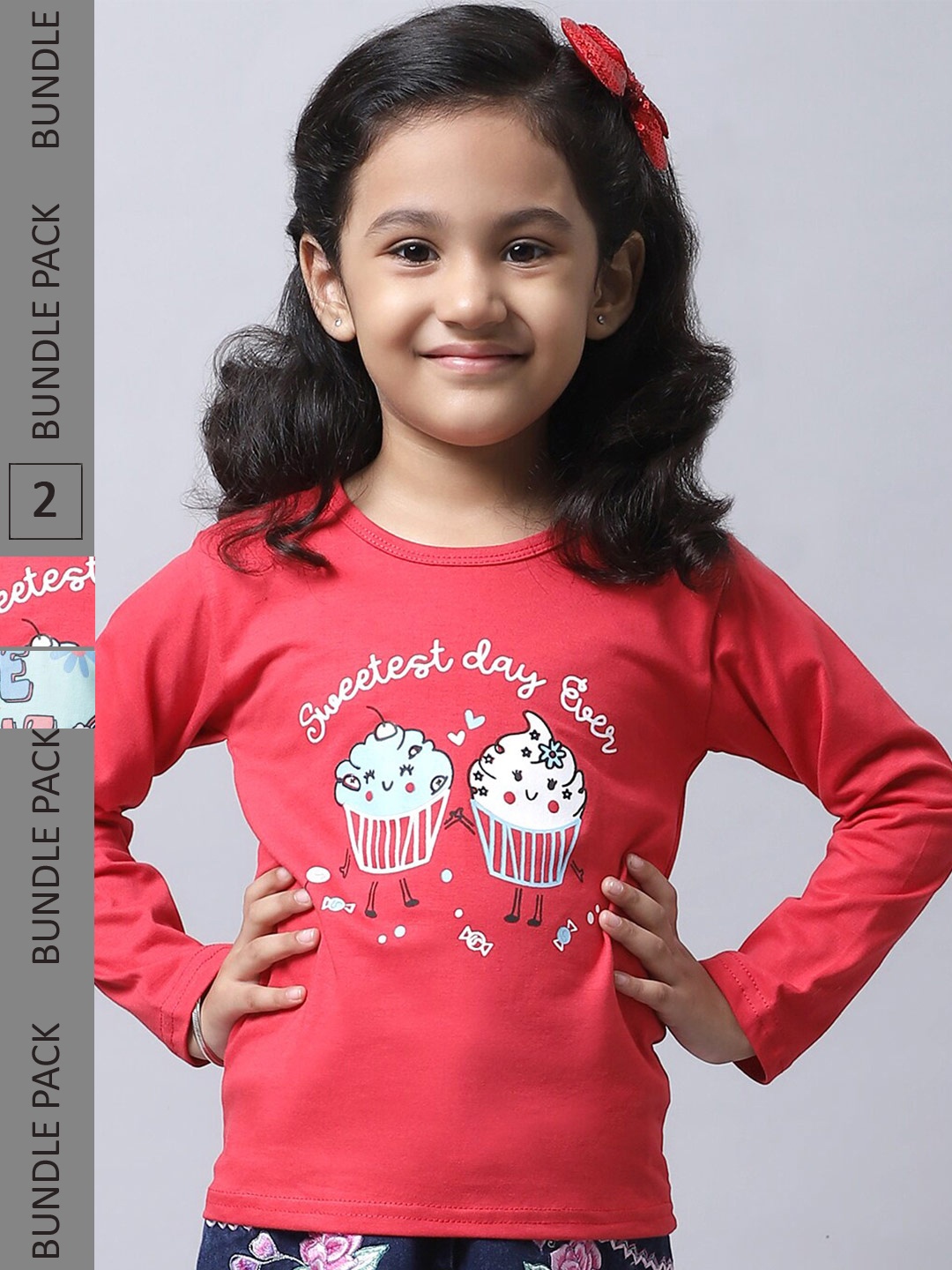 

BAESD Girls Pack Of 2 Graphic Printed Long Sleeve Pure Cotton T-shirt, Red