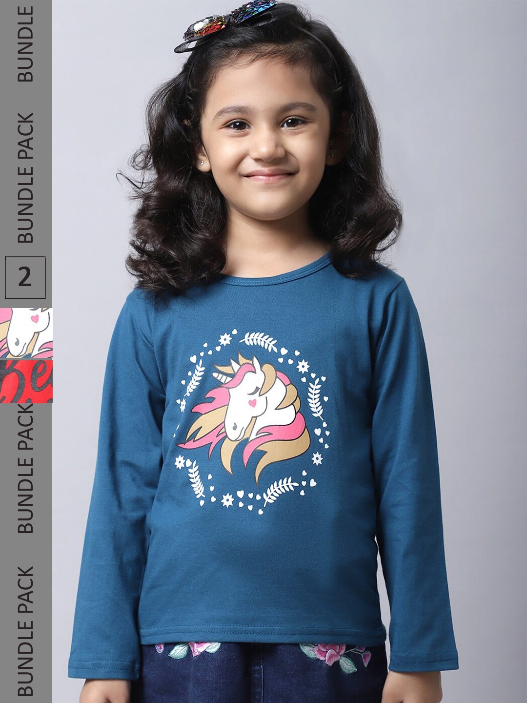 

BAESD Girls Pack Of 2 Graphic Printed Long Sleeve Pure Cotton T-shirt, Blue