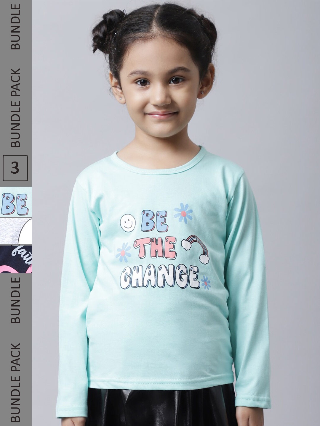 

BAESD Girls Pack Of 3 Graphic Printed Long Sleeve Pure Cotton T-shirt, Sea green