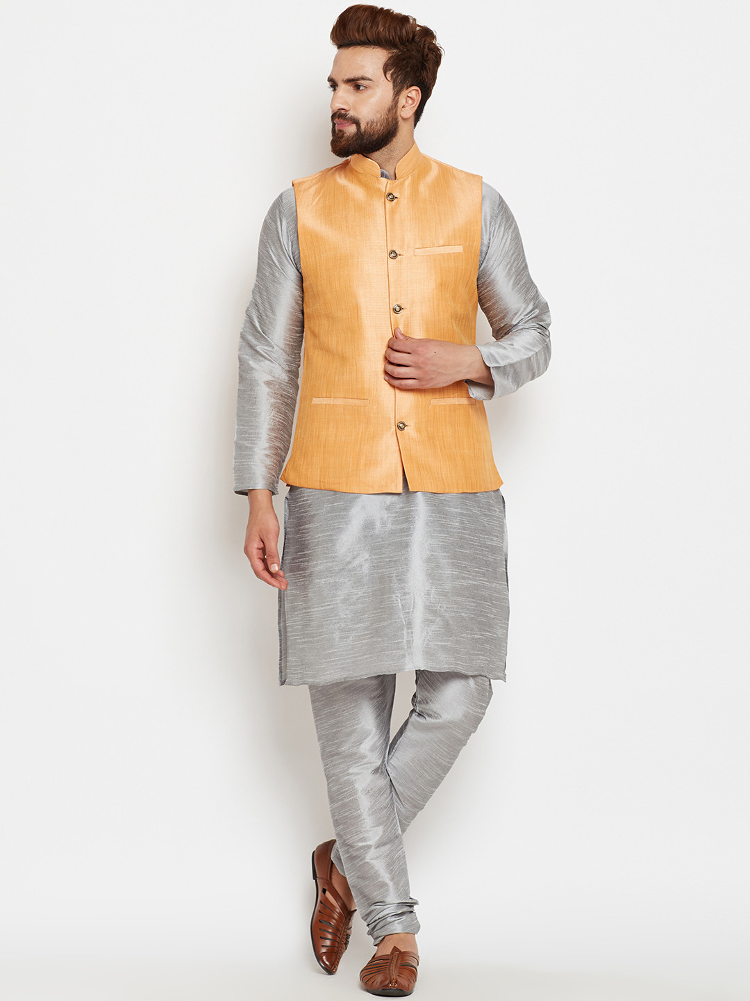 

SOJANYA Men Grey & Beige Solid Kurta with Pyjamas and Nehru Jacket