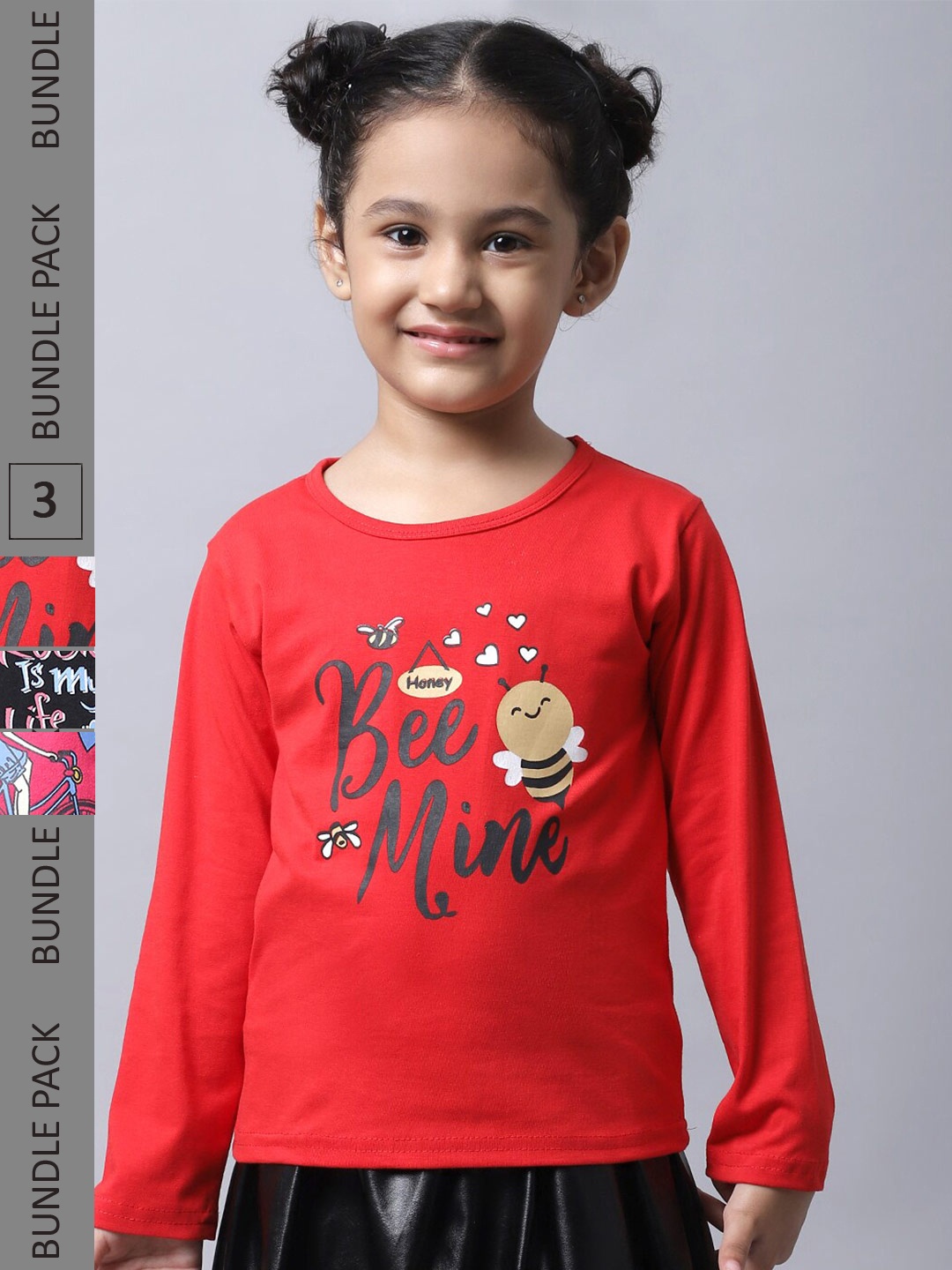 

BAESD Girls Pack Of 3 Graphic Printed Long Sleeve Pure Cotton T-shirt, Red