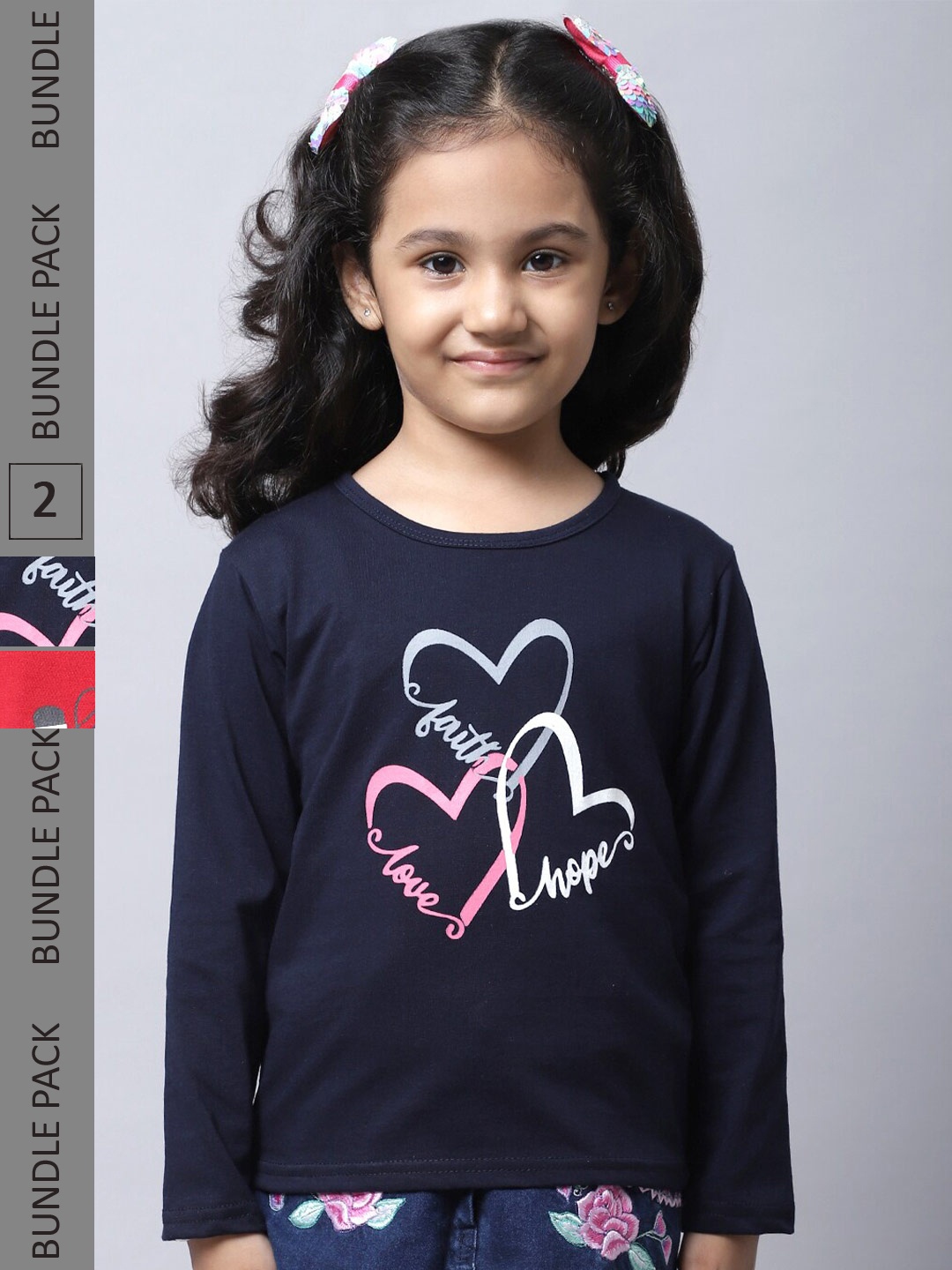 

BAESD Girls Pack Of 2 Graphic Printed Long Sleeve Pure Cotton T-shirt, Navy blue