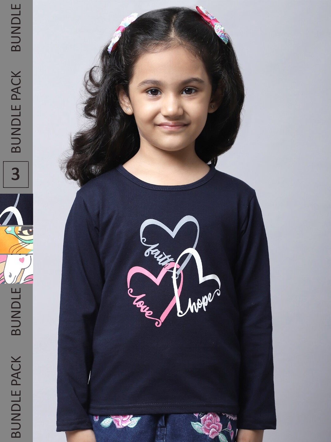 

BAESD Girls Pack Of 3 Graphic Printed Long Sleeve Pure Cotton T-shirt, Navy blue