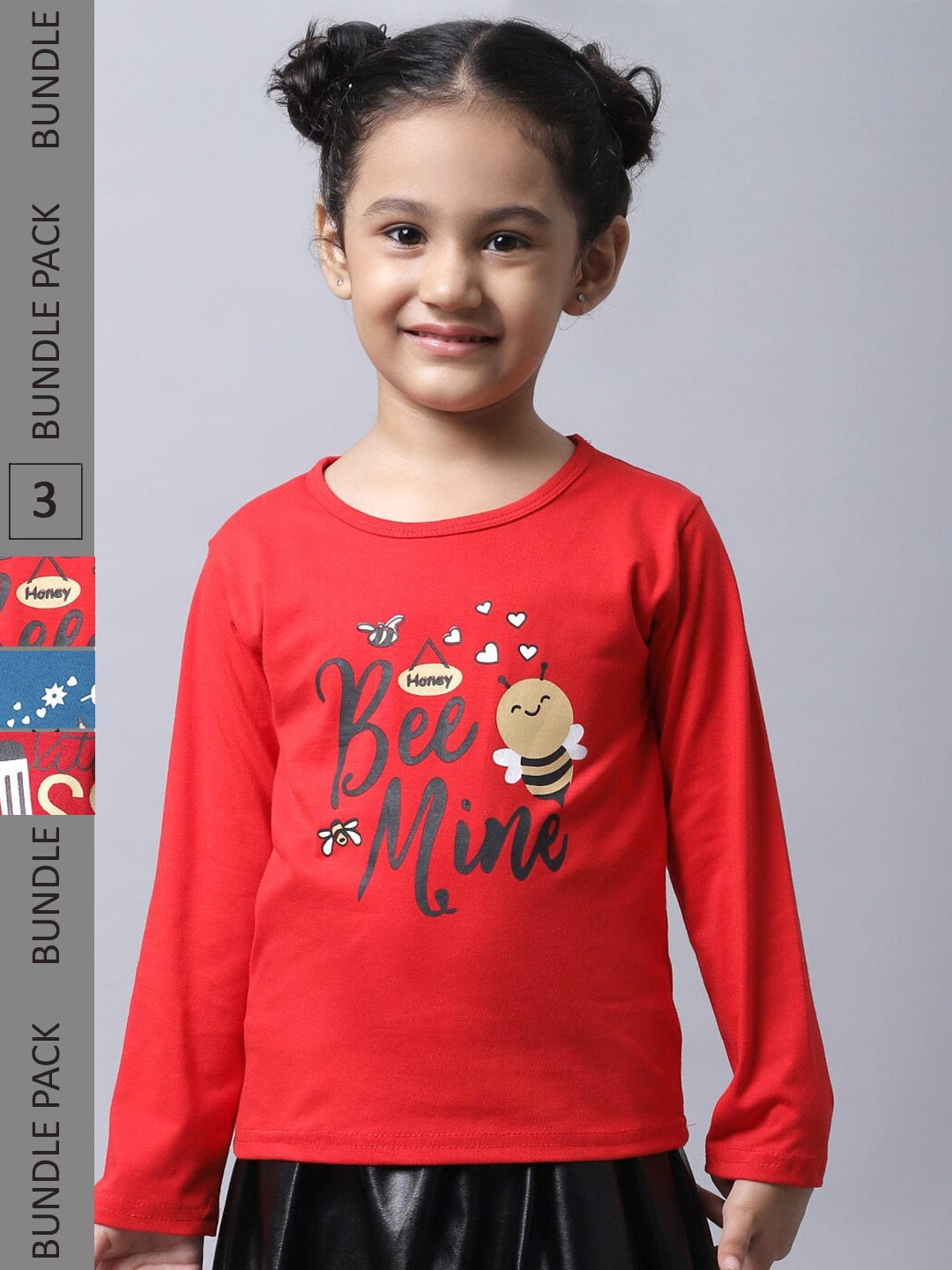 

BAESD Girls Pack Of 3 Graphic Printed Long Sleeve Pure Cotton T-shirt, Red