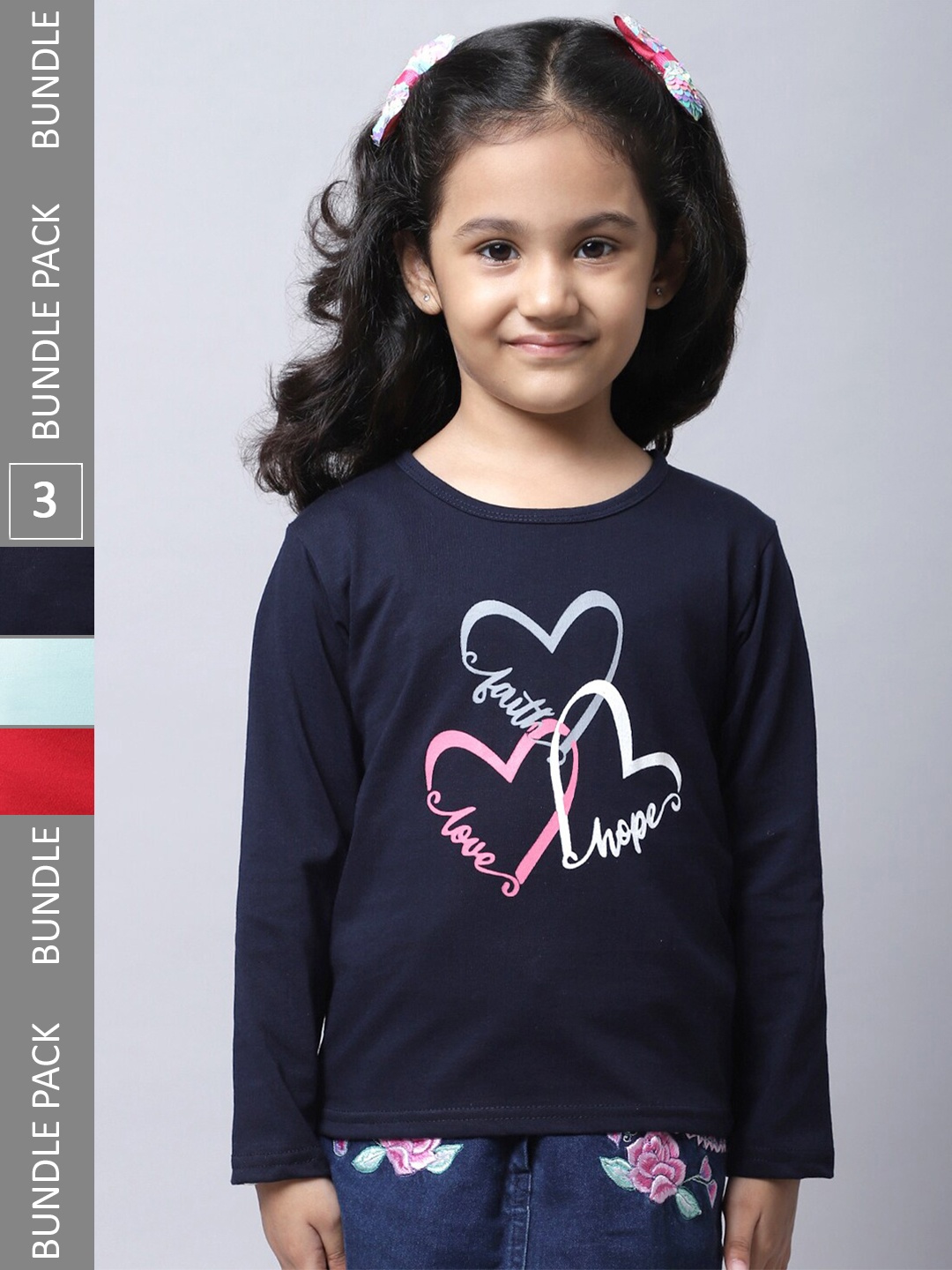 

BAESD Girls Pack Of 3 Graphic Printed Long Sleeve Pure Cotton T-shirt, Navy blue