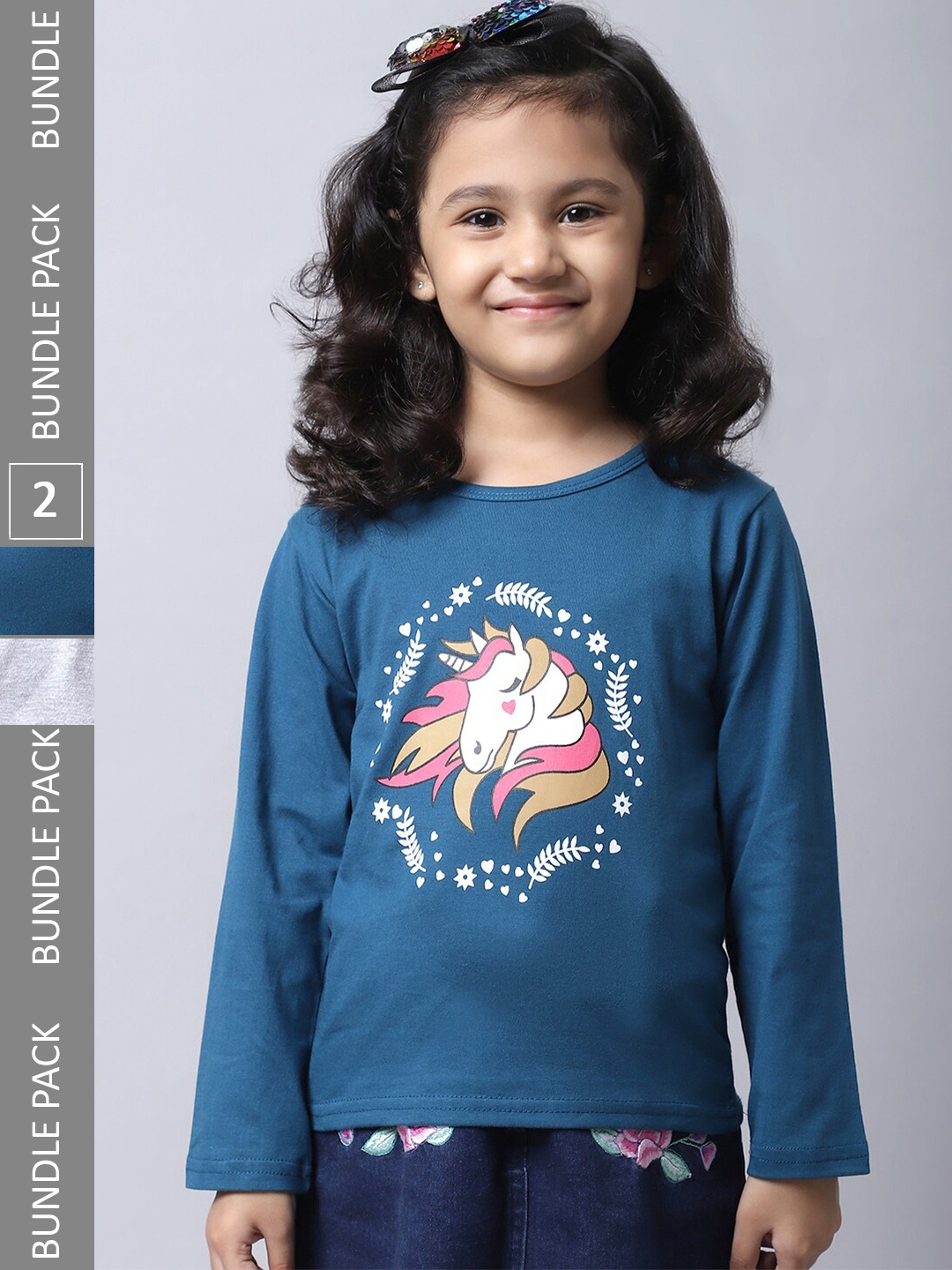 

BAESD Girls Pack Of 2 Graphic Printed Long Sleeve Pure Cotton T-shirt, Blue