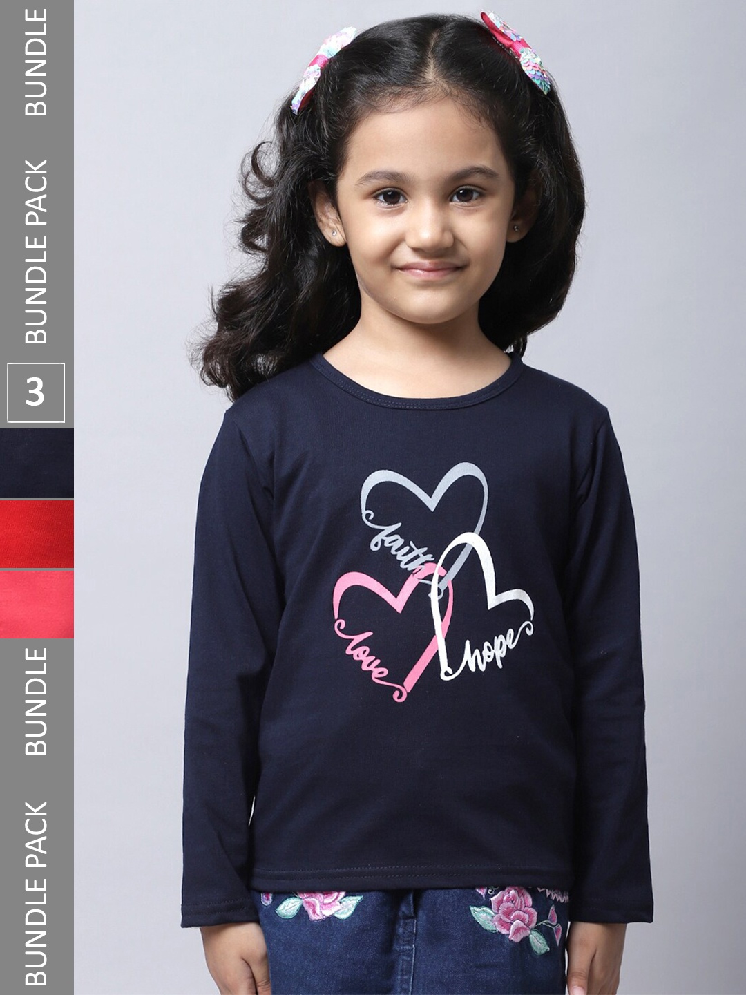 

BAESD Girls Pack Of 3 Graphic Printed Long Sleeve Pure Cotton T-shirt, Navy blue