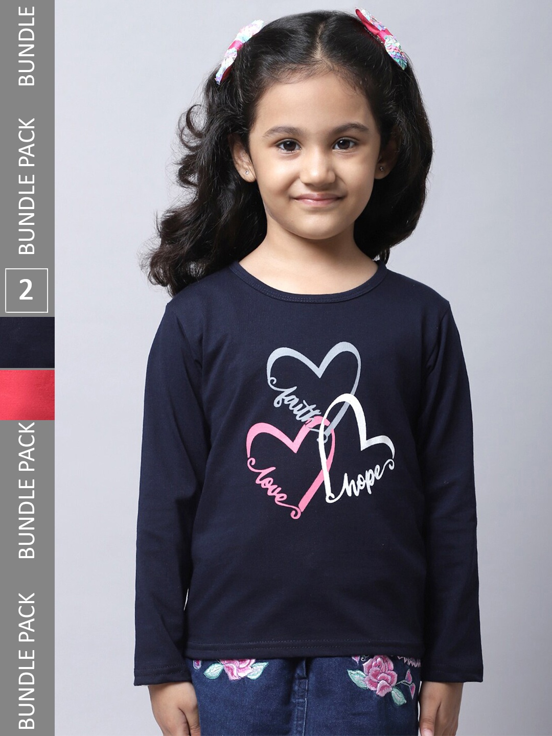 

BAESD Girls Pack Of 2 Graphic Printed Long Sleeve Pure Cotton T-shirt, Navy blue
