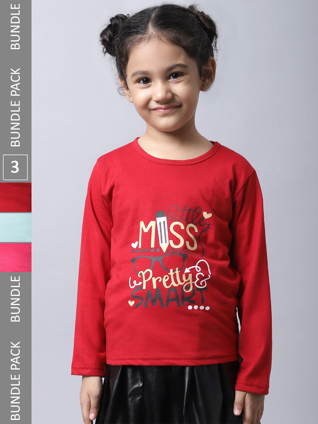 

BAESD Girls Pack Of 3 Graphic Printed Long Sleeve Pure Cotton T-shirt, Red