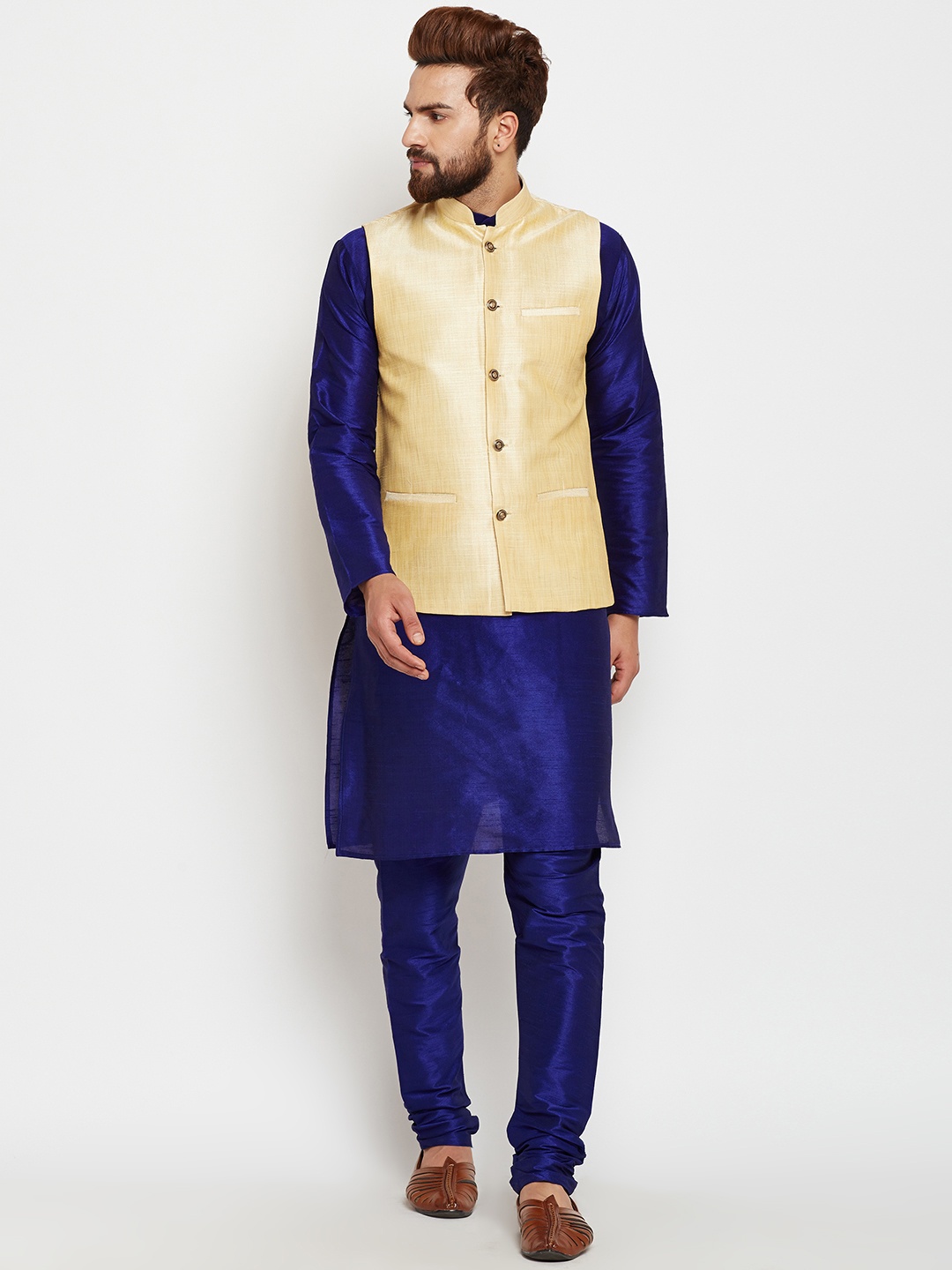

SOJANYA Men Blue & Gold-Toned Self-Design Kurta with Churidar and Nehru Jacket
