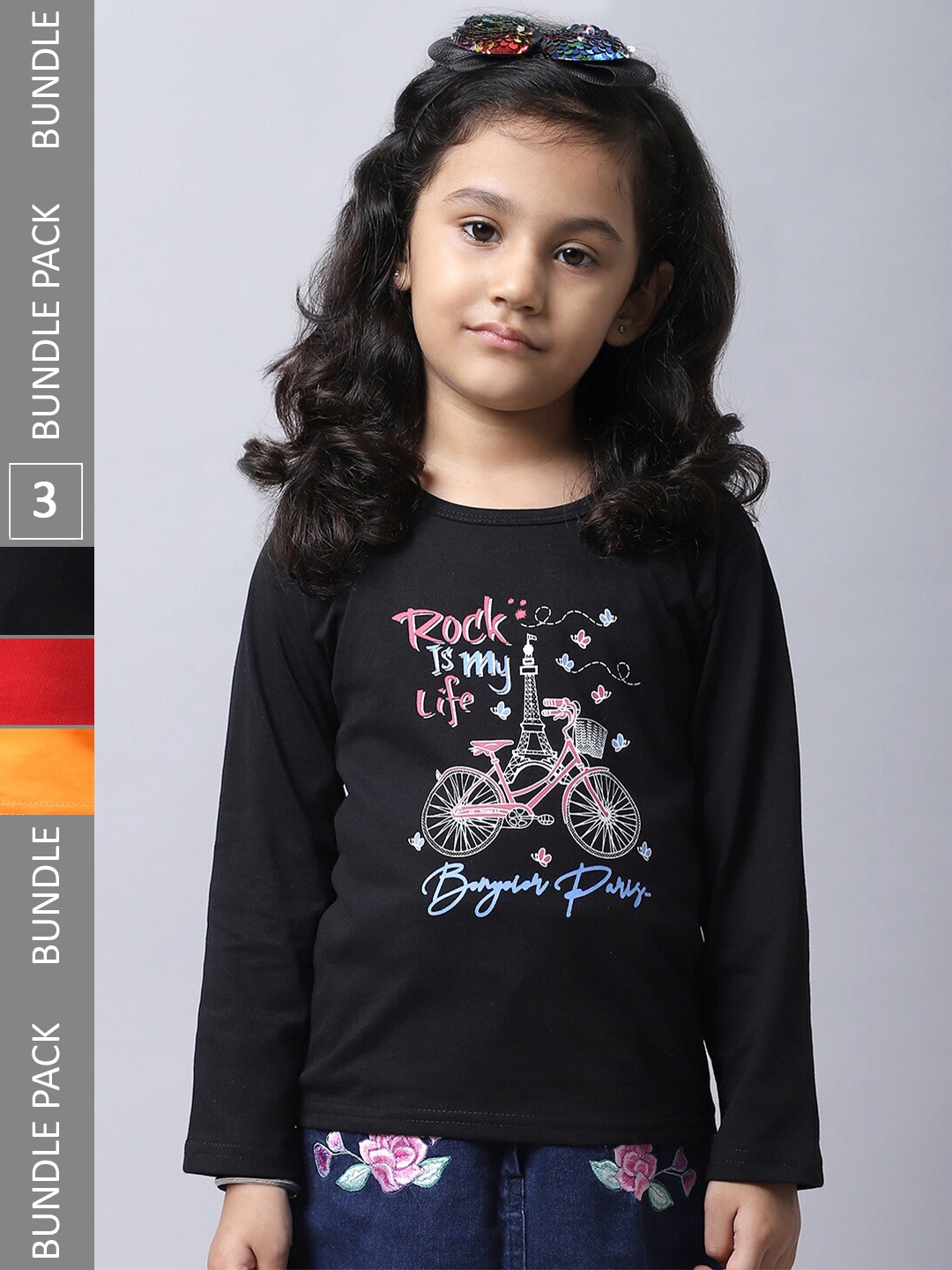 

BAESD Girls Pack Of 3 Graphic Printed Long Sleeve Pure Cotton T-shirt, Black