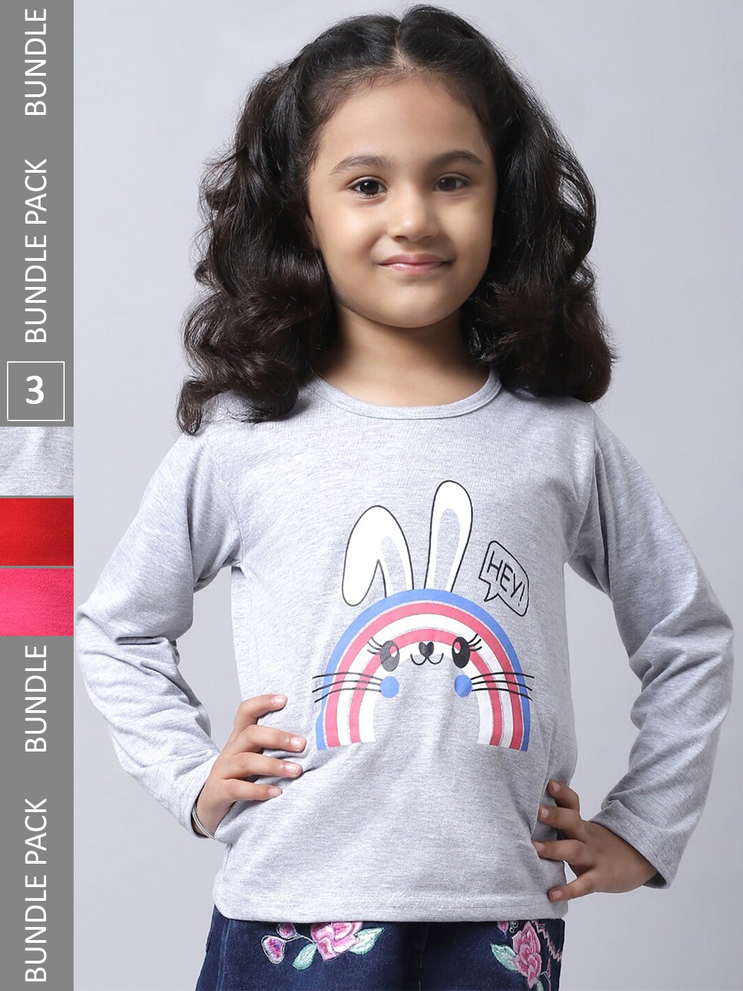 

BAESD Girls Pack Of 3 Graphic Printed Long Sleeve Pure Cotton T-shirt, Grey