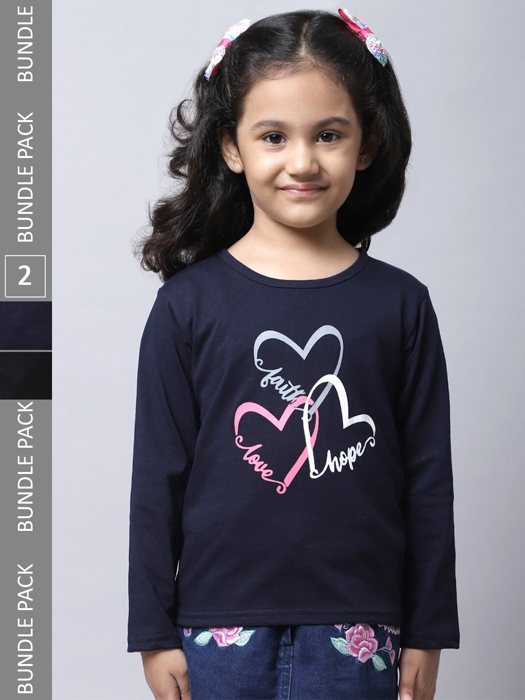 

BAESD Girls Pack Of 2 Graphic Printed Long Sleeve Pure Cotton T-shirt, Navy blue