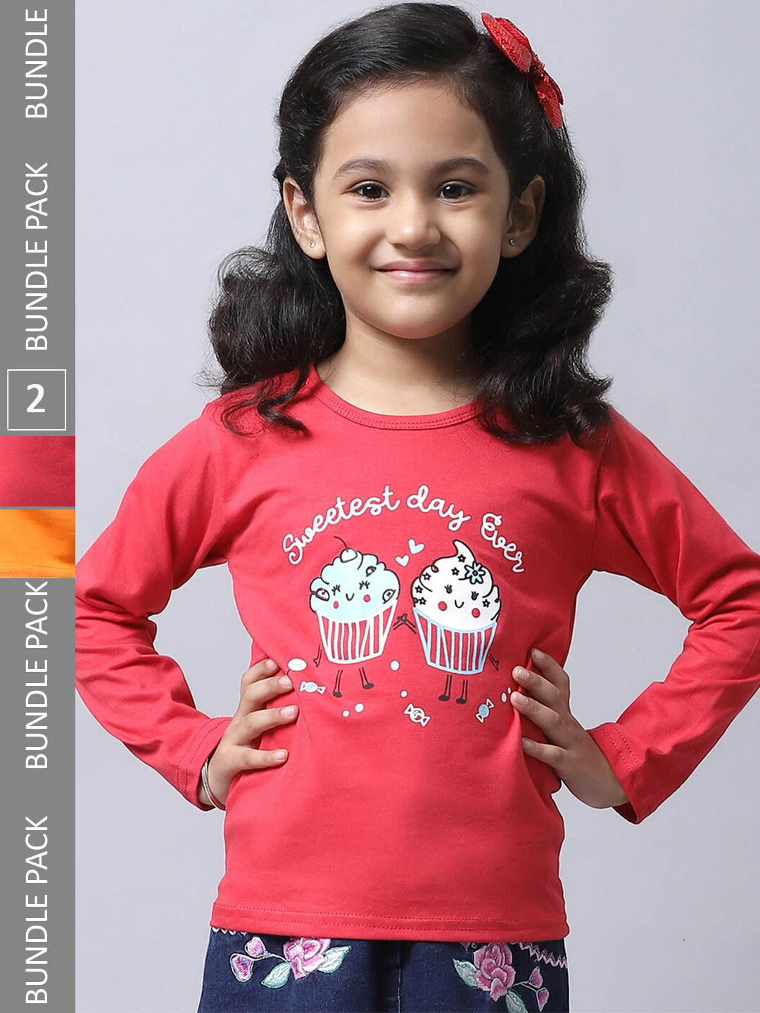 

BAESD Girls Pack Of 2 Graphic Printed Long Sleeve Pure Cotton T-shirt, Red