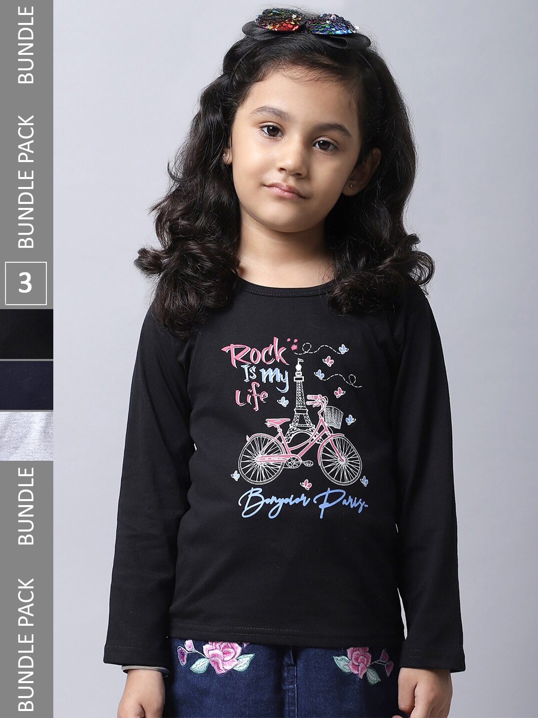 

BAESD Girls Pack of 3 Printed Regular Fit Cotton T-shirt, Black