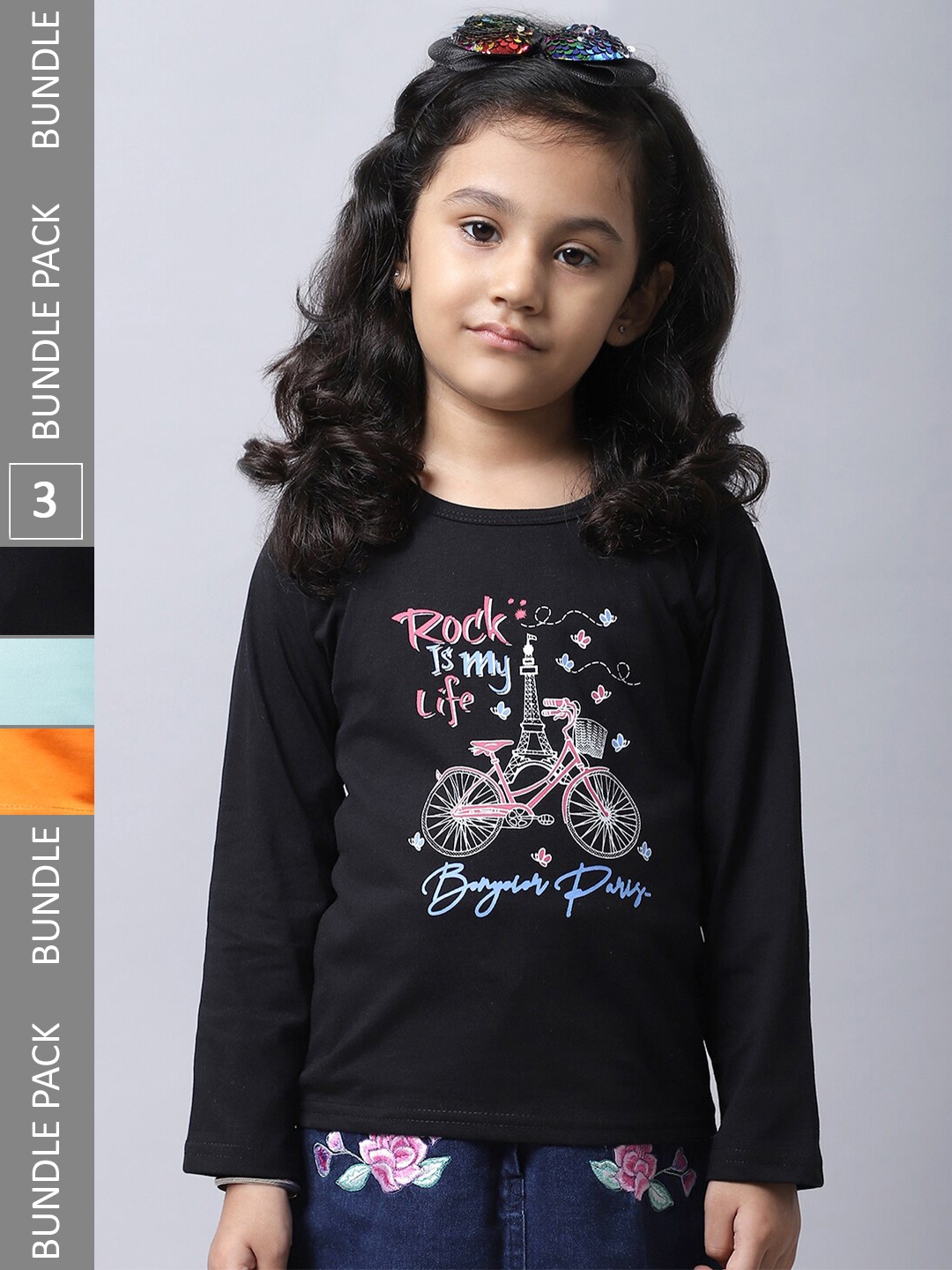 

BAESD Girls Pack of 3 Printed Regular Fit Cotton T-shirt, Black
