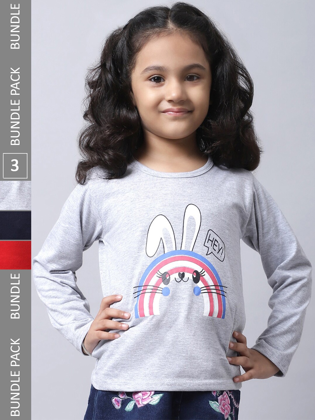 

BAESD Girls Pack of 3 Printed Regular Fit Cotton T-shirt, Grey
