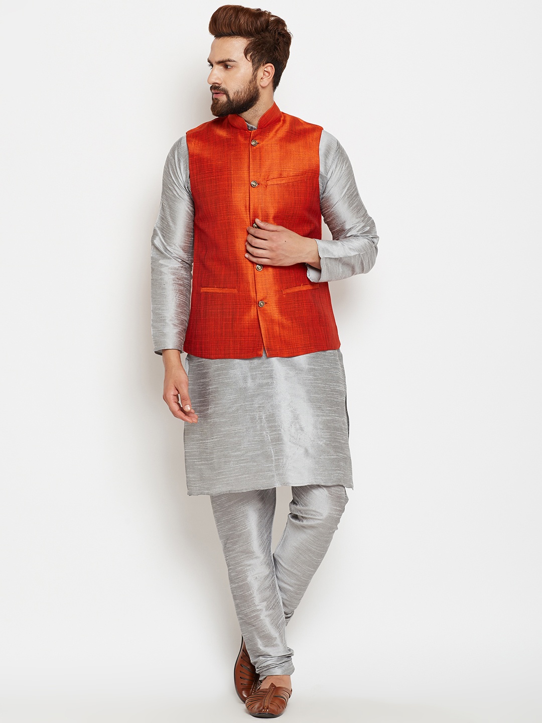 

SOJANYA Men Grey & Orange Self Design Kurta with Pyjamas and Nehru Jacket
