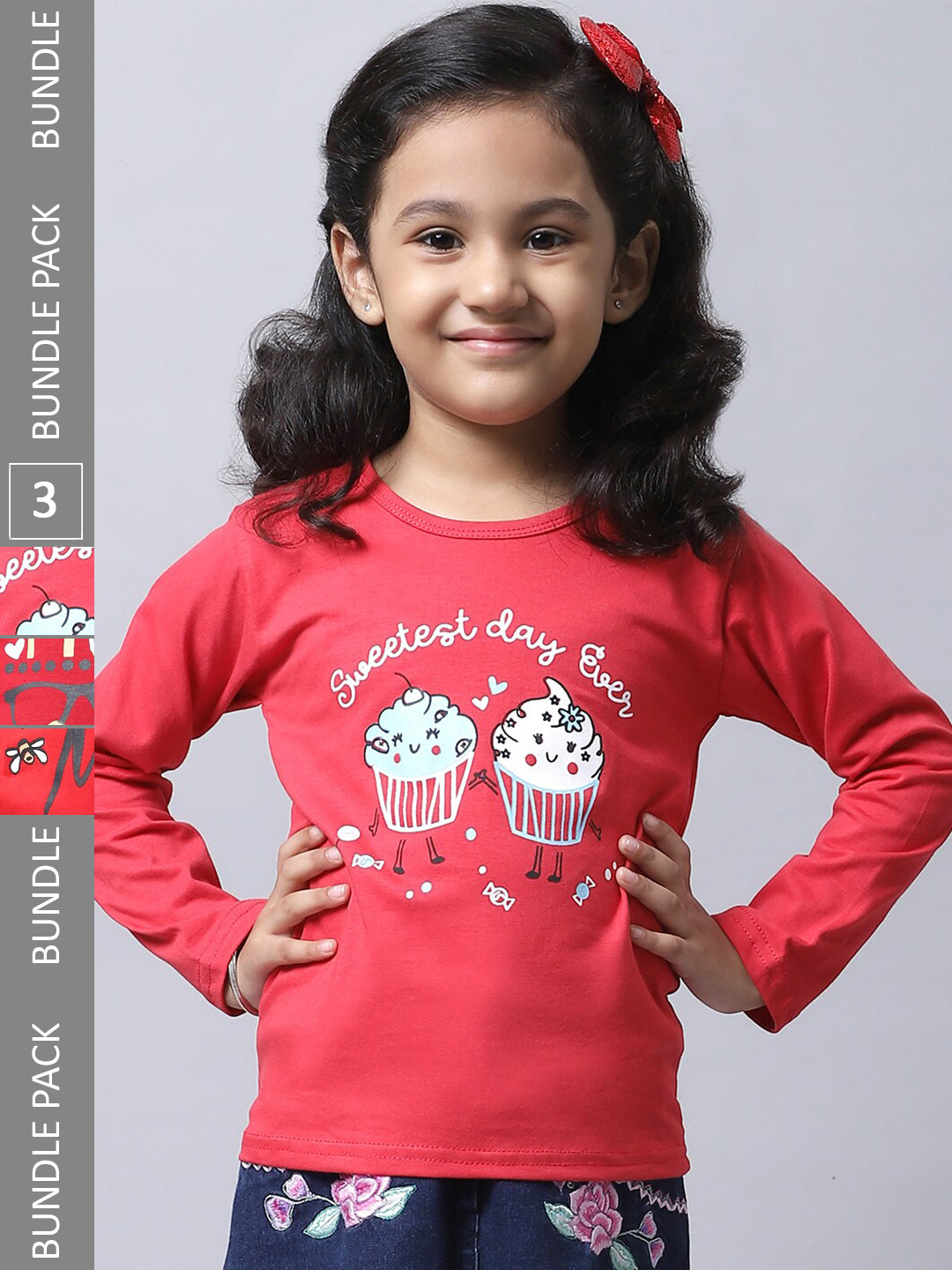 

BAESD Girls Pack of 3 Printed Regular Fit Cotton T-shirt, Red